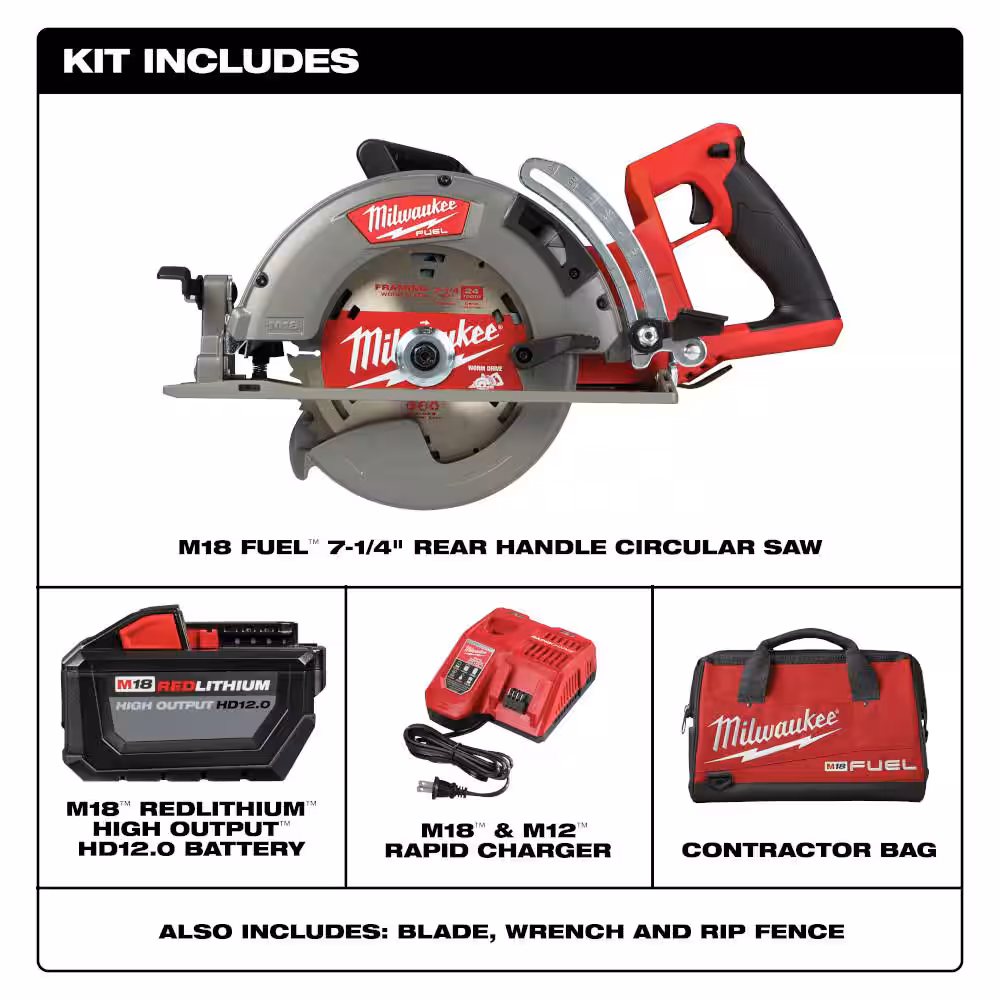 M18 FUEL 18V 7-1/4 in. Lithium-Ion Cordless Rear Handle Circular Saw Kit with 12.0 Ah Battery and Rapid Charger