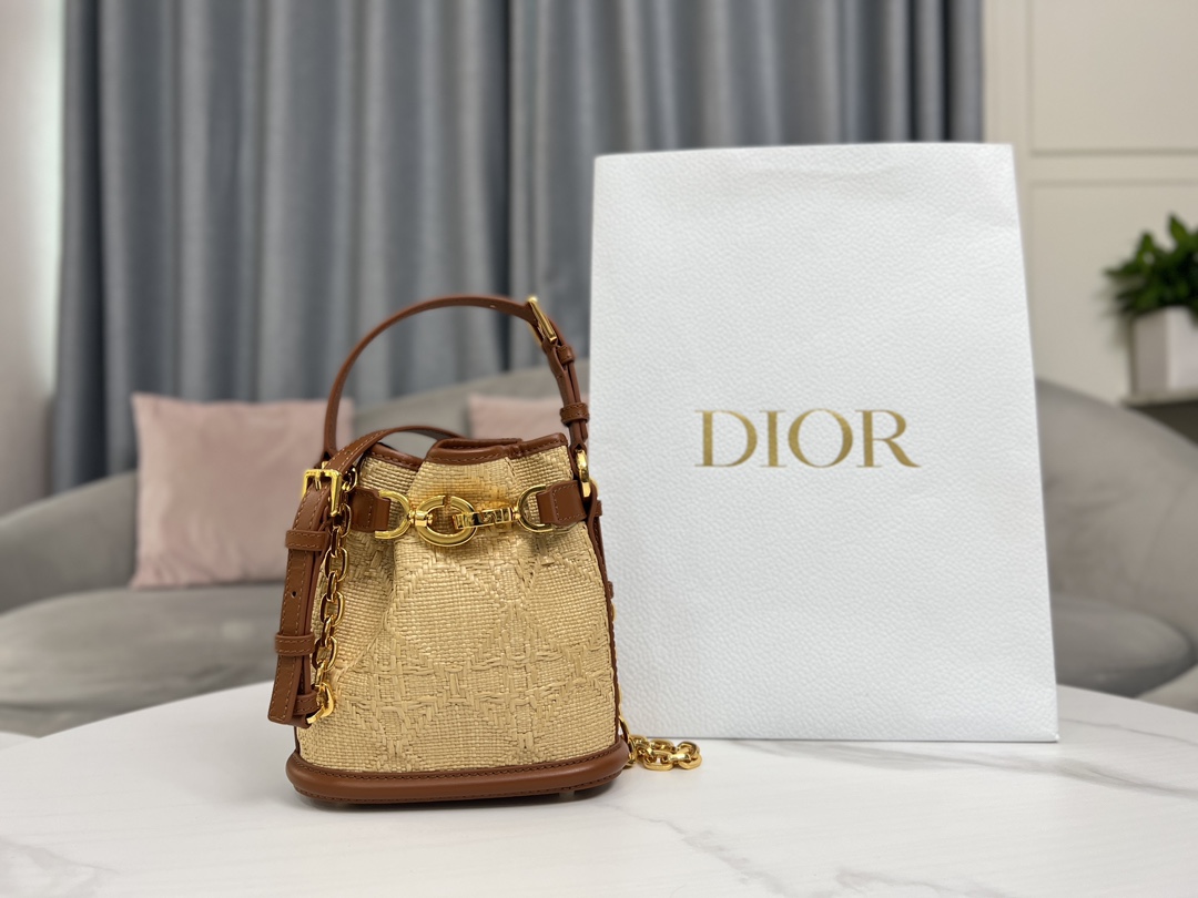 TOP Christian Dior Straw Weaving Leather Barrel Bags 17 x 7 x 18 cm/24 x 10 x 24.5 cm - GHW