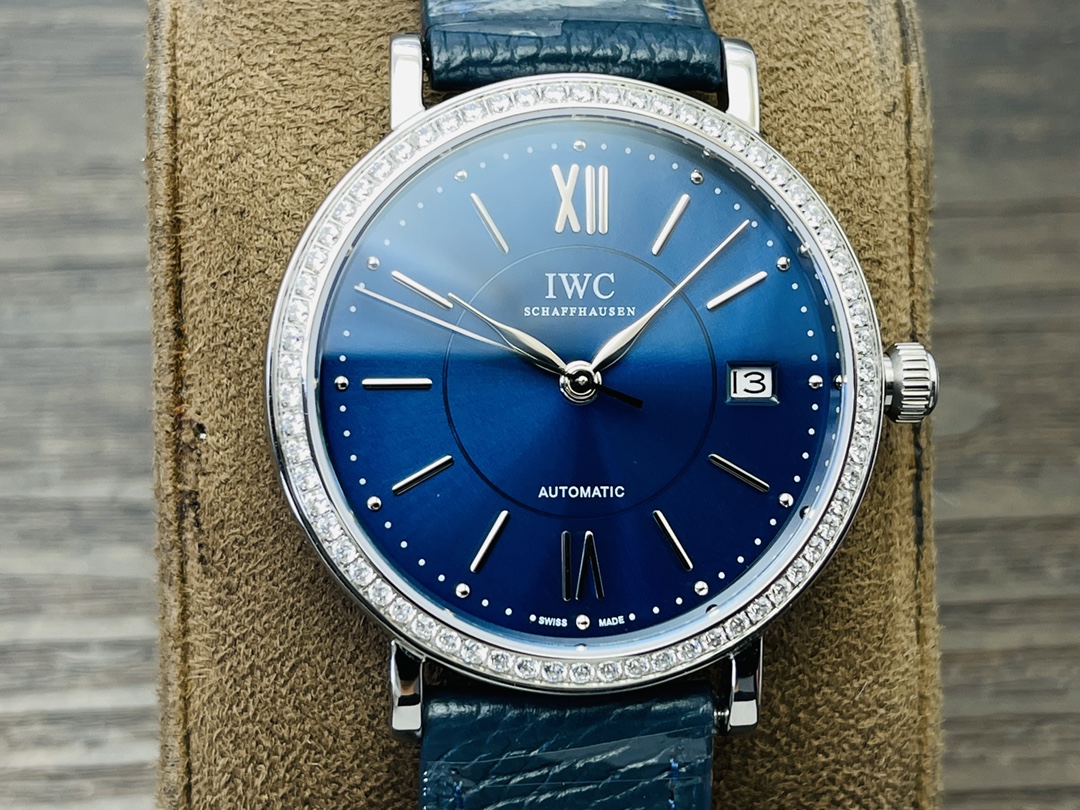 IWC Portofino Automatic Women Watch, Diamond Bezel Blue Dial Leather Strap Wristwatch