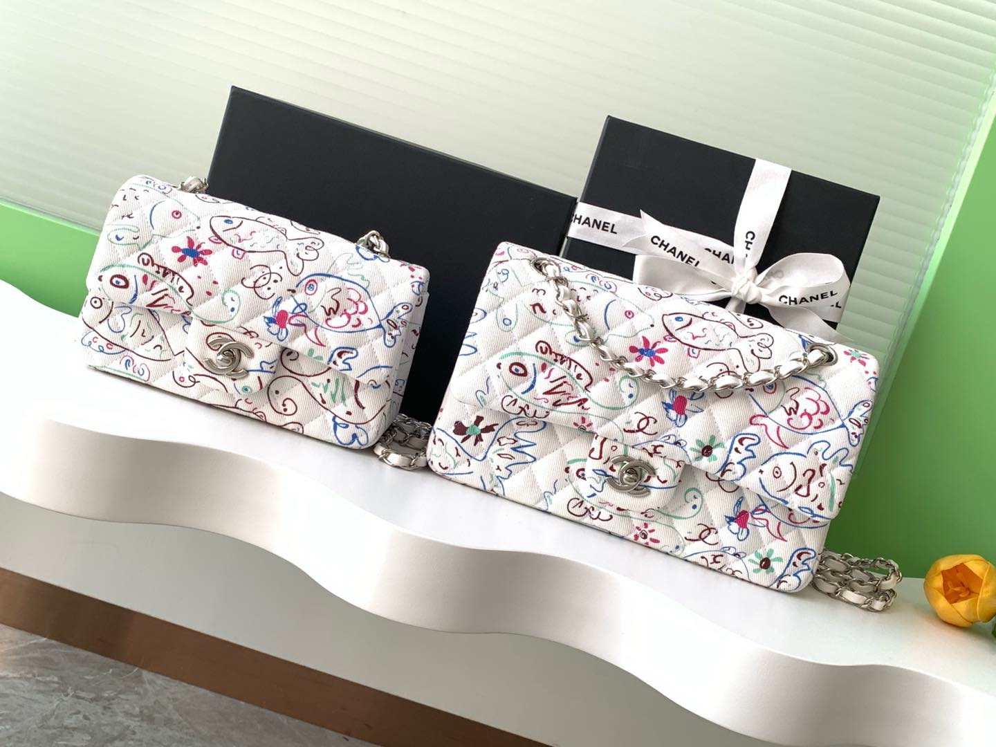 TOP CHANEL Printed Flap Bag Canvas 20cm/25cm - White&SHW