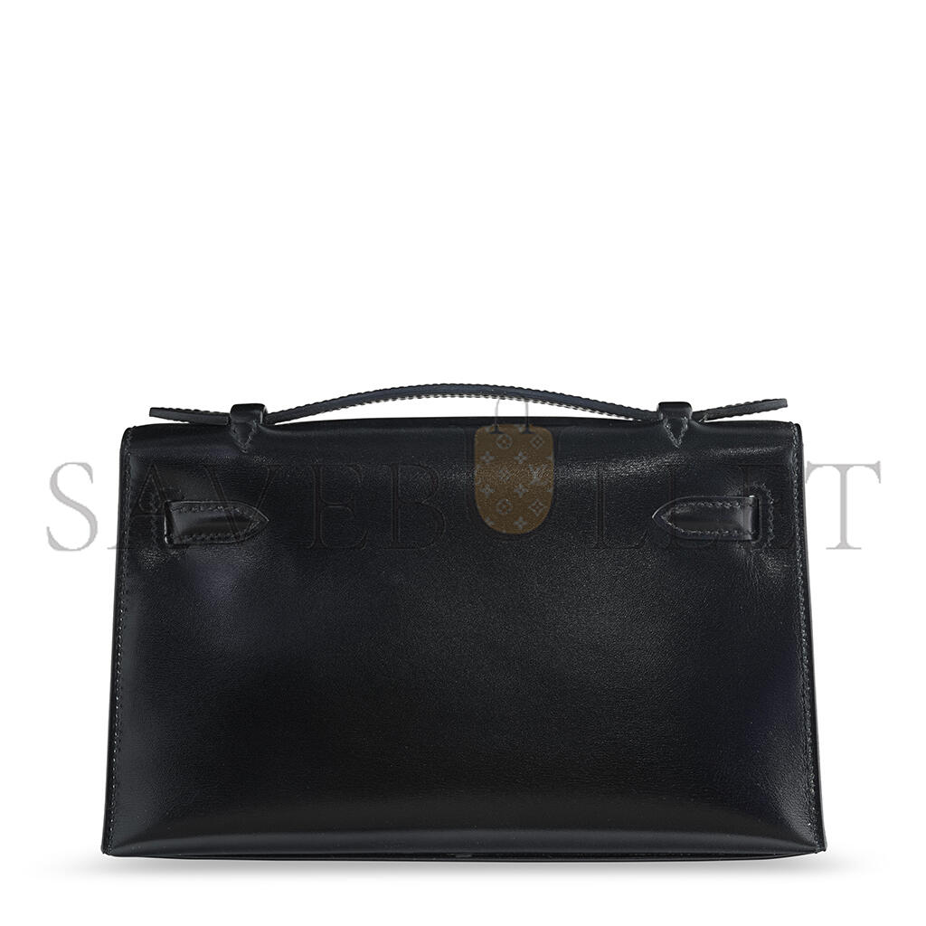 HERMÈS BLACK BOX LEATHER SO BLACK KELLY POCHETTE WITH PVD HARDWARE (22*14*7cm)