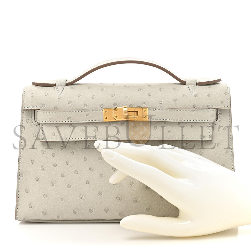 HERMÈS OSTRICH KELLY POCHETTE CLUTCH GRIS PERLE (22*14*7cm)