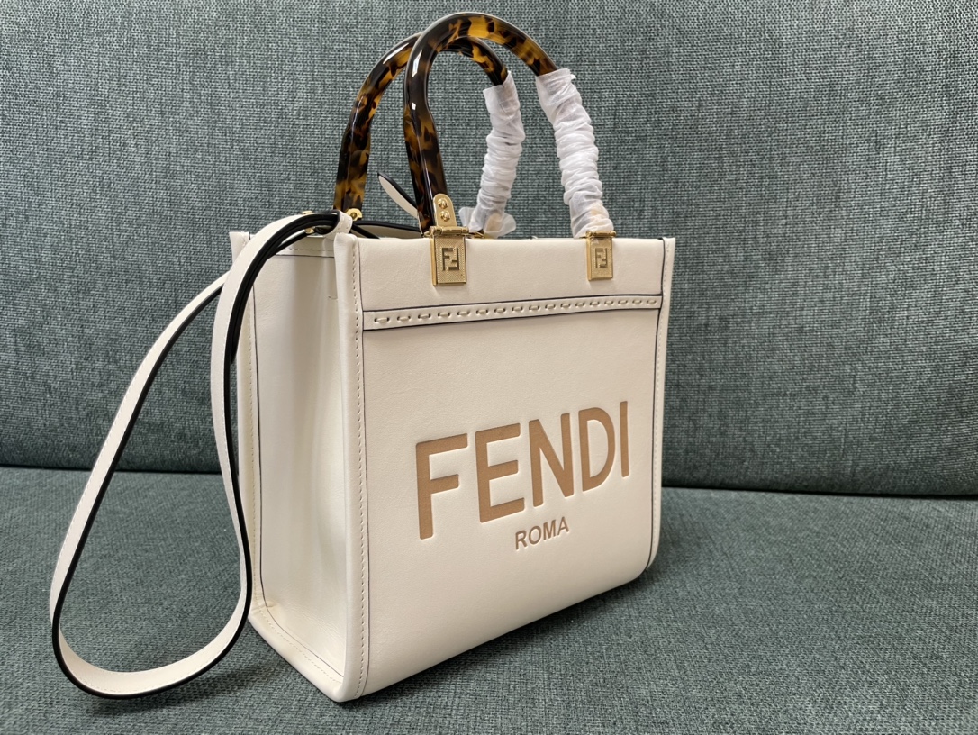 TOP FENDI Leather Sunshine Tote Small Shopping Bags 25.5x12x22.5cm - White