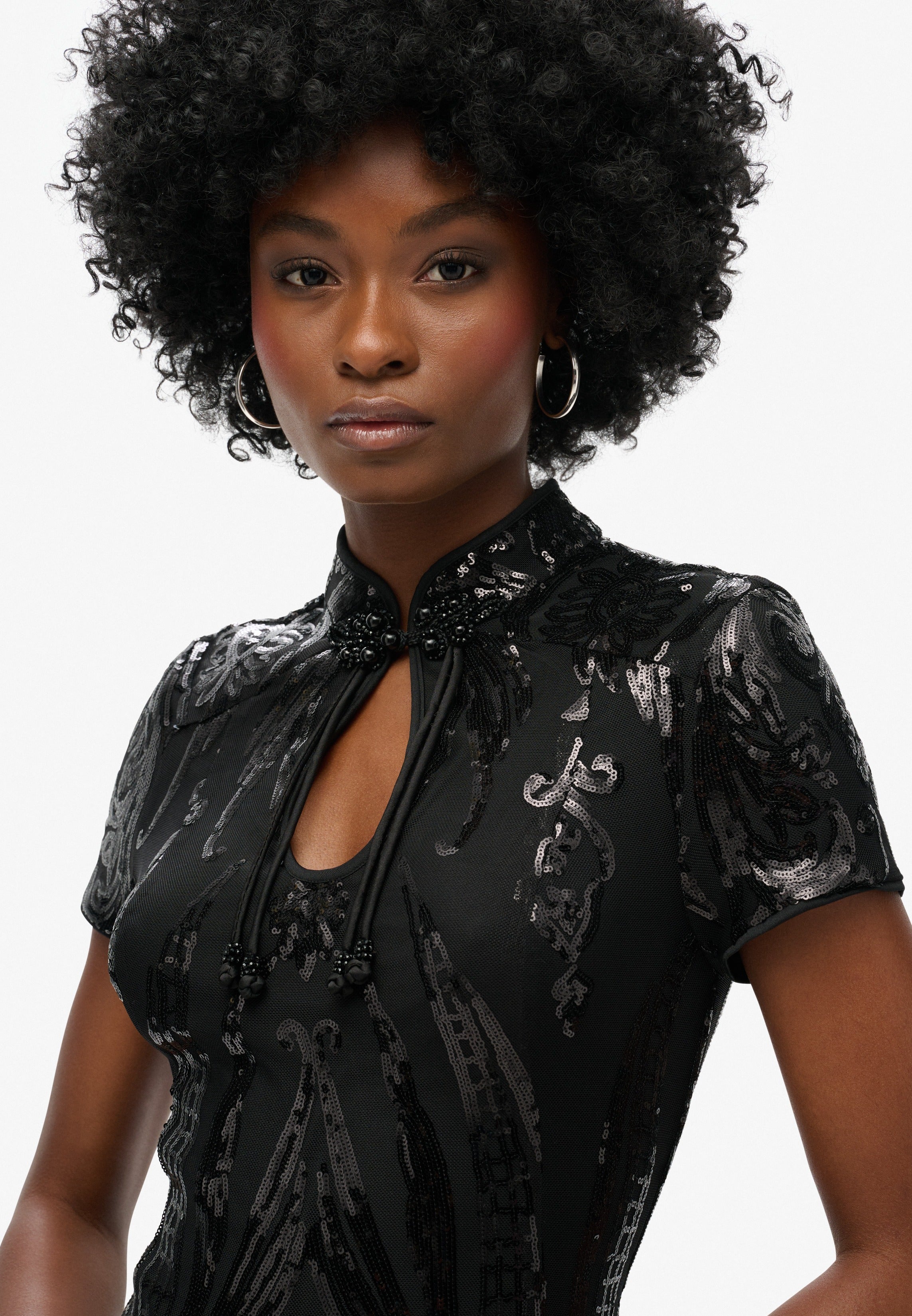 Mandarin Sequin Mini Dress | Art Deco Black Sequin