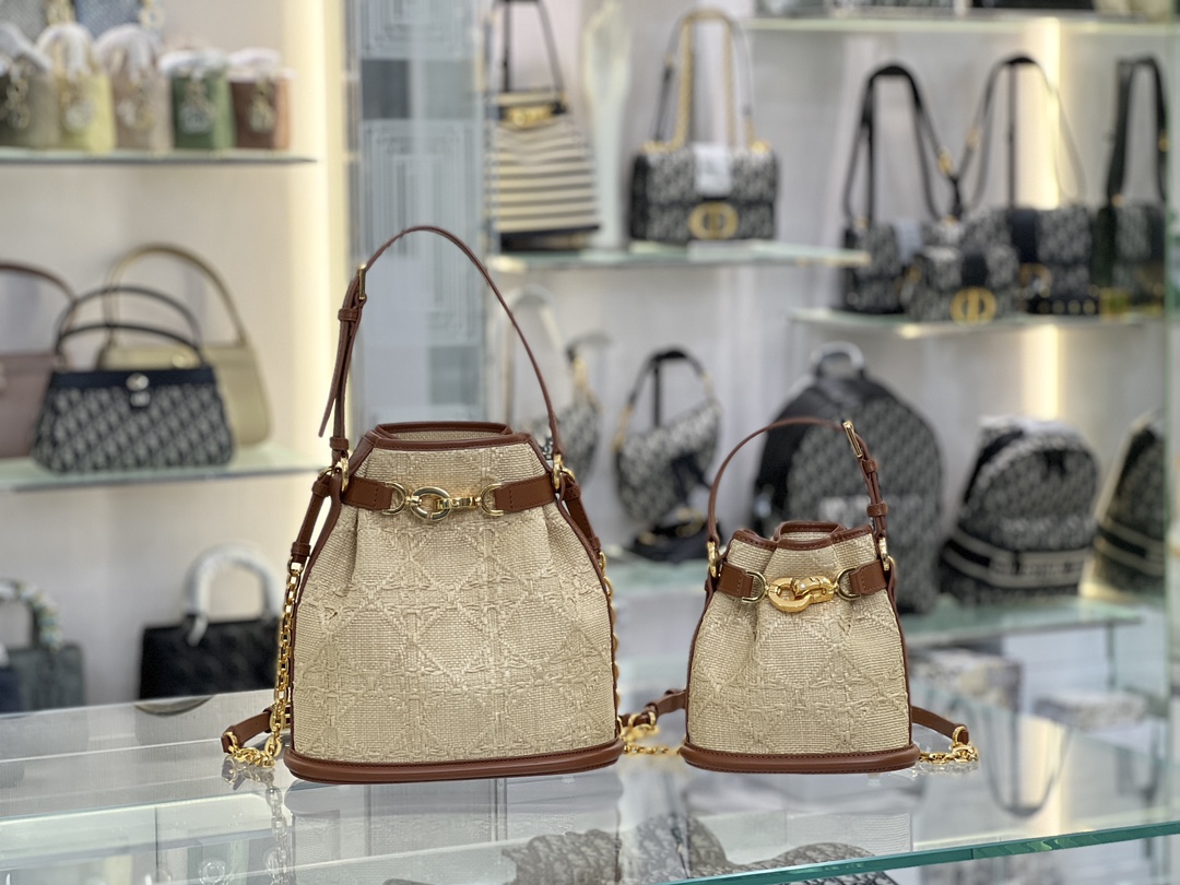 TOP Christian Dior Straw Weaving Leather Barrel Bags 17 x 7 x 18 cm/24 x 10 x 24.5 cm - GHW