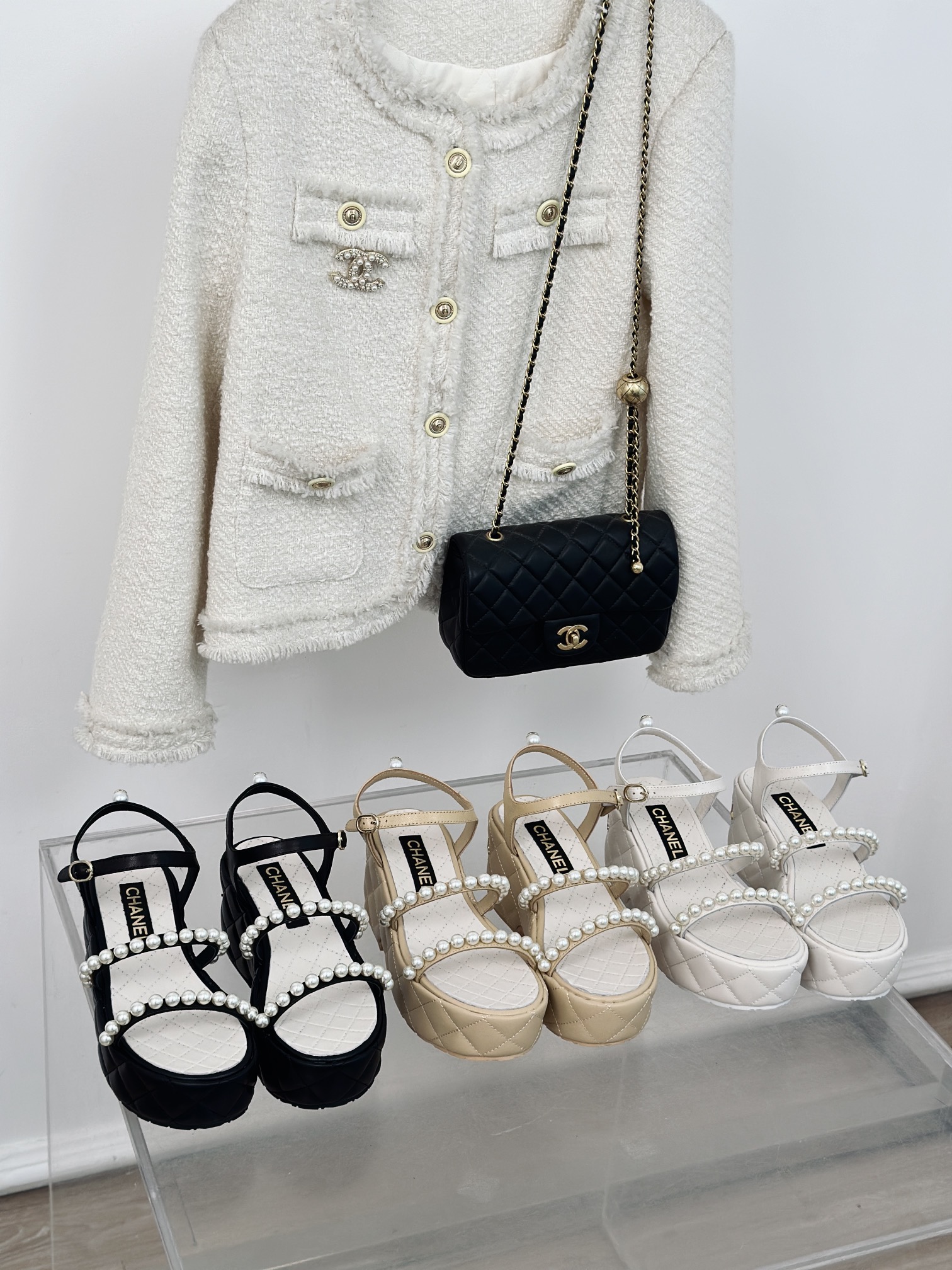 TOP CHANEL Thick-soled Camellia Pearls Platform Sandals 7cm - 3 Color