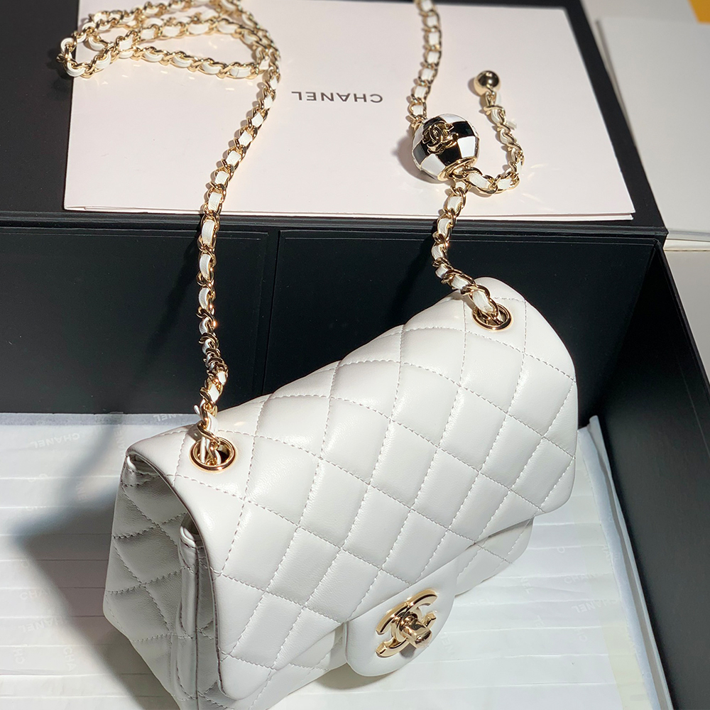 Chanel Classic Flag Bag Pearl Crush Mini Square Flap Bag White   Light Gold Hardware