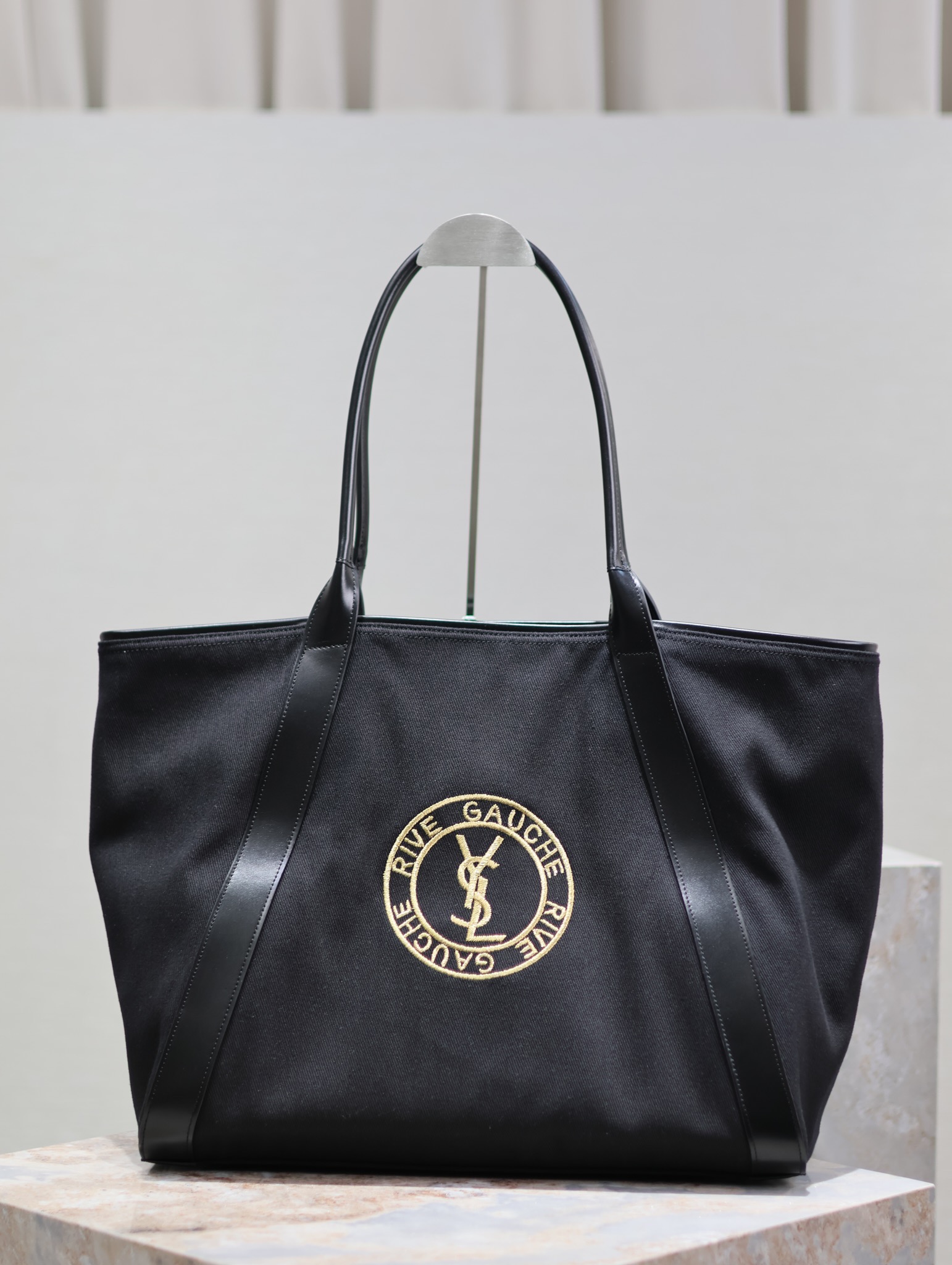 TOP Yves Saint Laurent YSL Rive Gauche Embroidered Cowhide Shopping Bag 40-60×30×20cm - Black