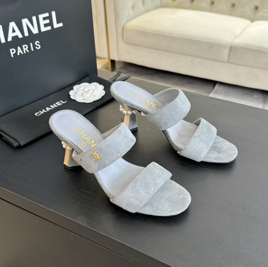 TOP CHANEL Pearl Heel 6.5cm High Heel Slides - 6 Color
