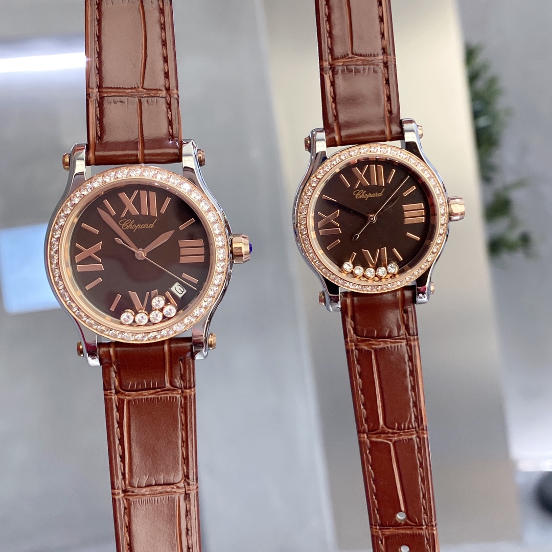 TOP Chopard Happy Sport Diamond Watch  30/36mm- Brown Strap