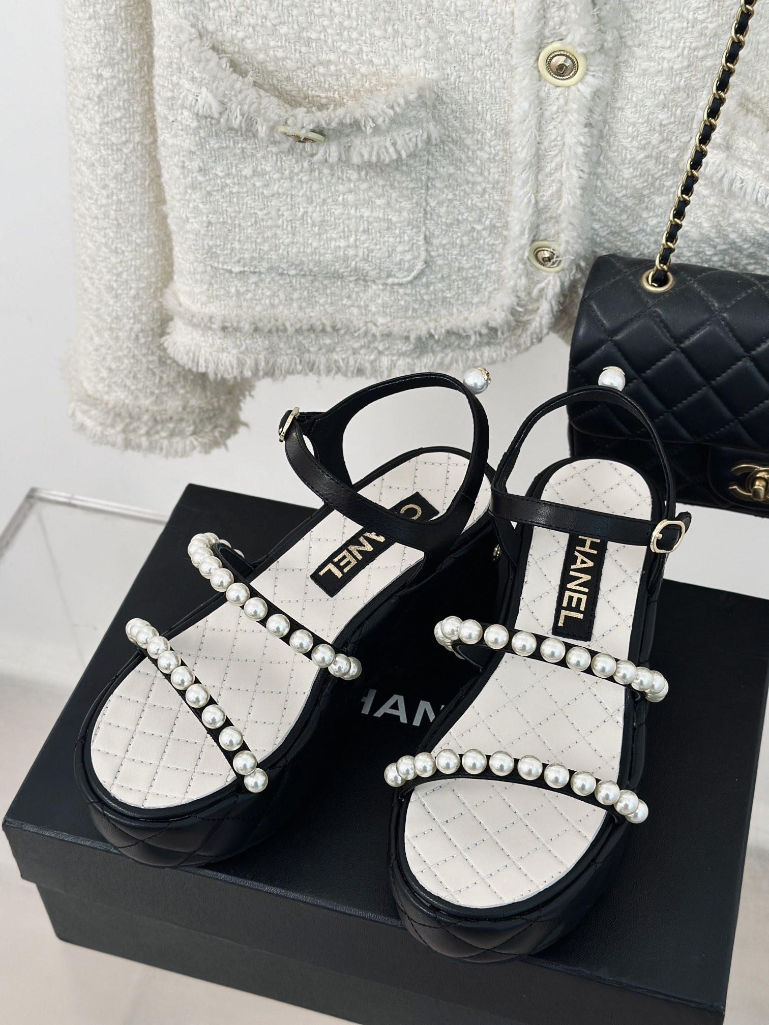 TOP CHANEL Thick-soled Camellia Pearls Platform Sandals 7cm - 3 Color