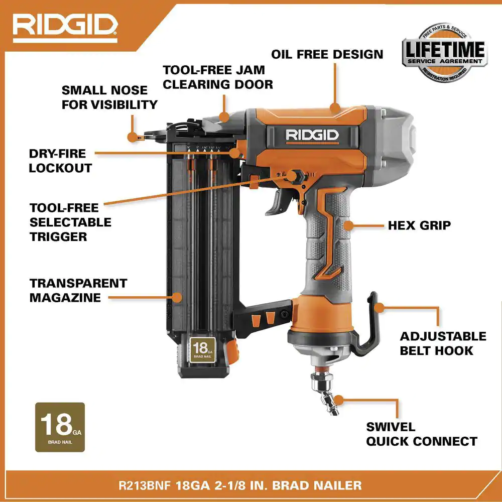 Pneumatic 18-Gauge 2-1/8 in. Brad Nailer with CLEAN DRIVE Technology, Tool Bag, and Sample Nails