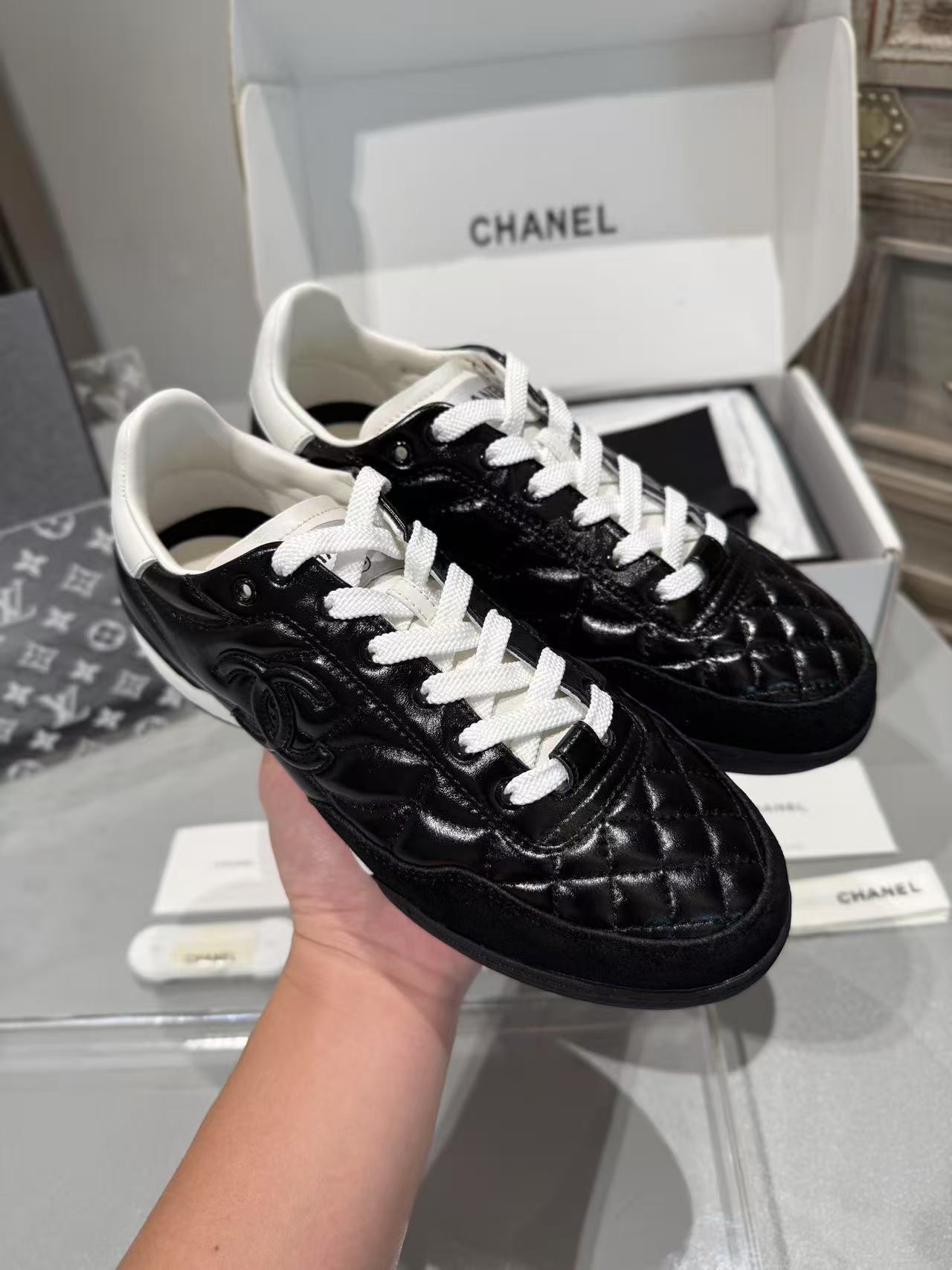 Chanel Women Quilted Diamond Sneakers Black Patent Leather White Sole Lace‑Up Casual Shoes