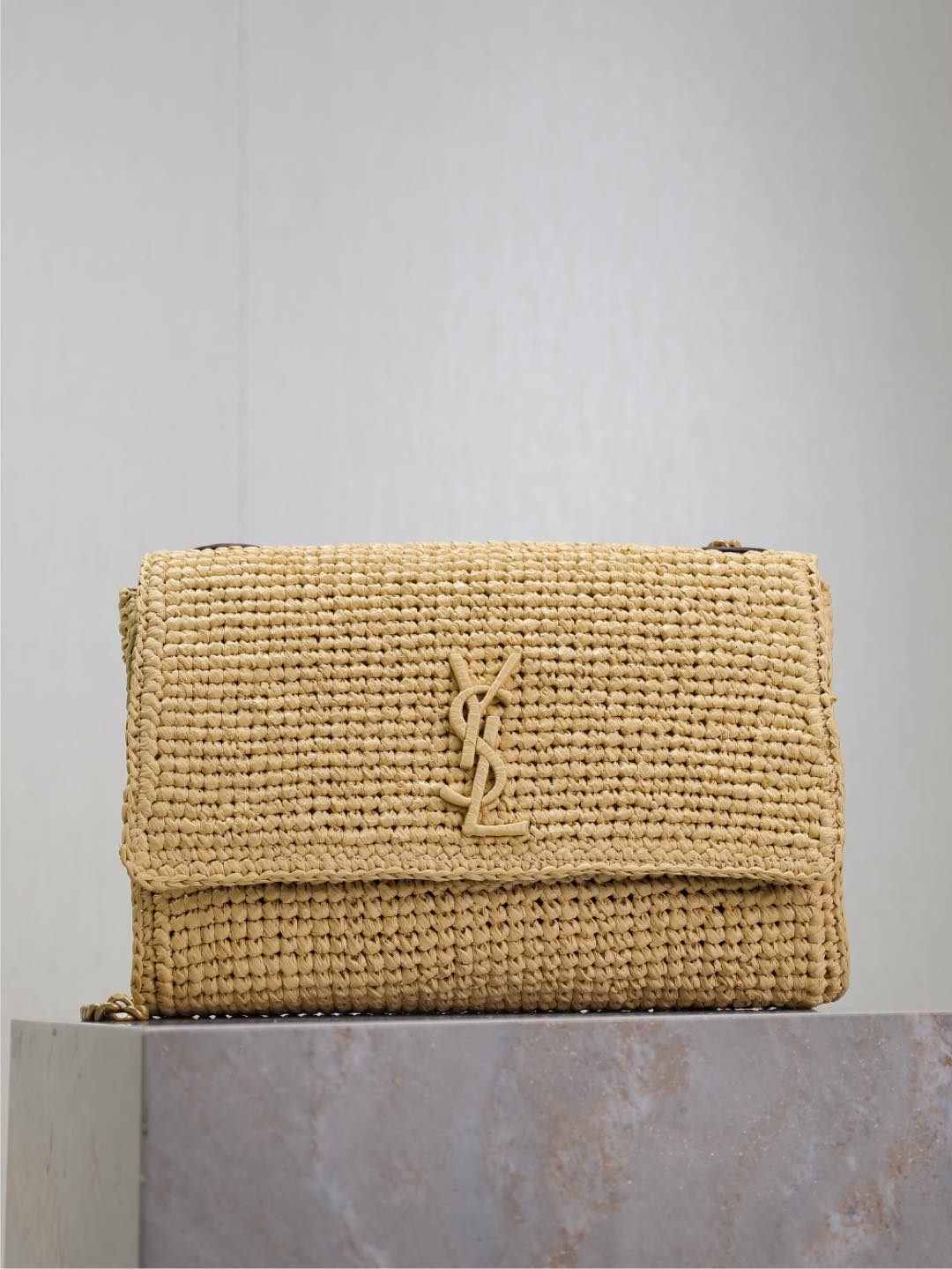 TOP Yves Saint Laurent Kate Bags Raffia Grass Woven Chain Bag 28.5×20×6cm - Beige