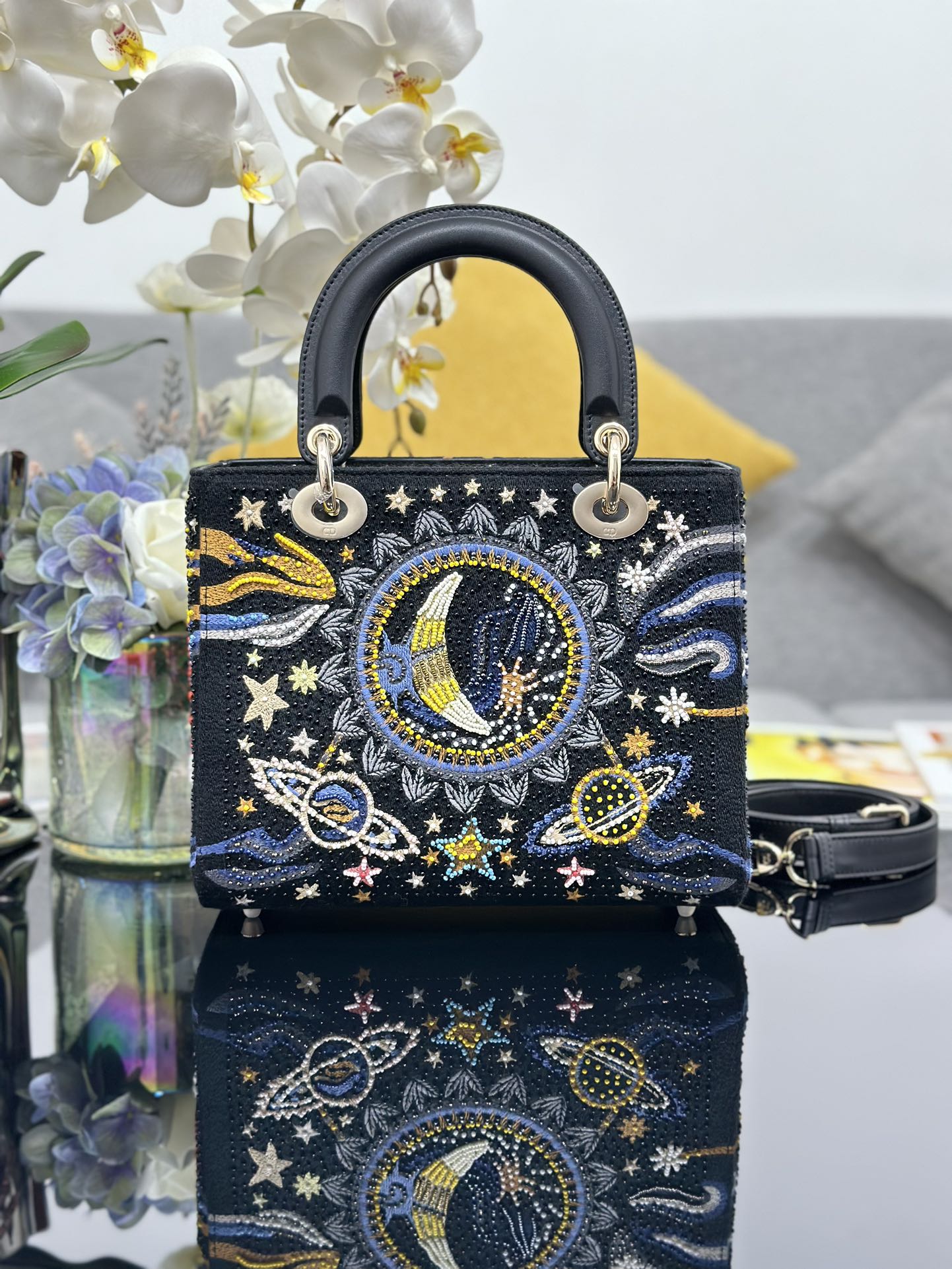 TOP Christian Dior Medium Lady Dior Bag 24x20x11cm Embroidered Stars and Moon Beads