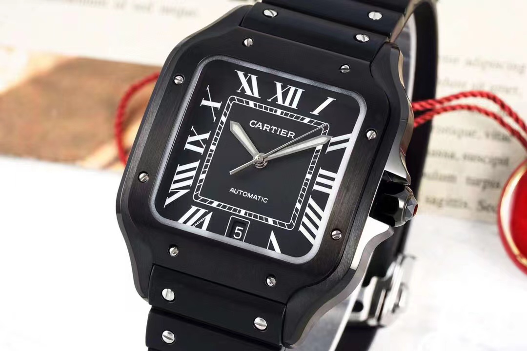 TOP Cartier Santos Watch with Black Roman Numeral Dial & Rubber Strap 39.8*47.5mm - Black/Black and Silver