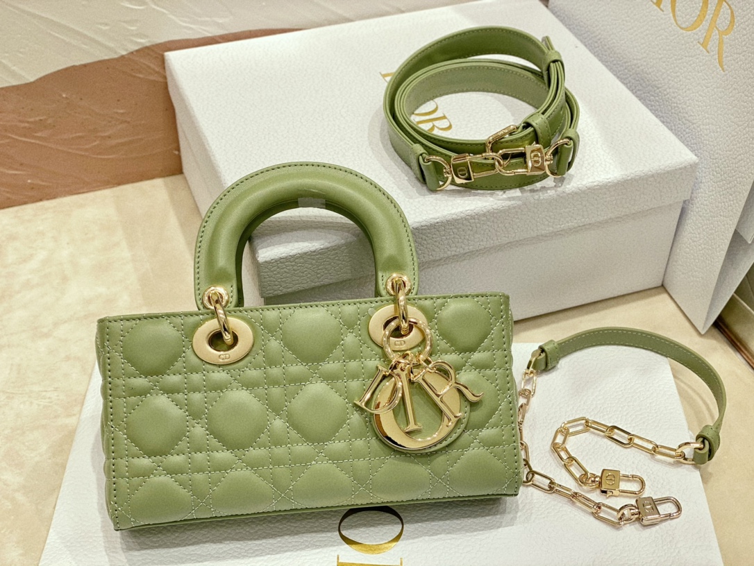 TOP Christian Dior Soft Lambskin Lady D-Joy Bags 22cm - Green&GHW