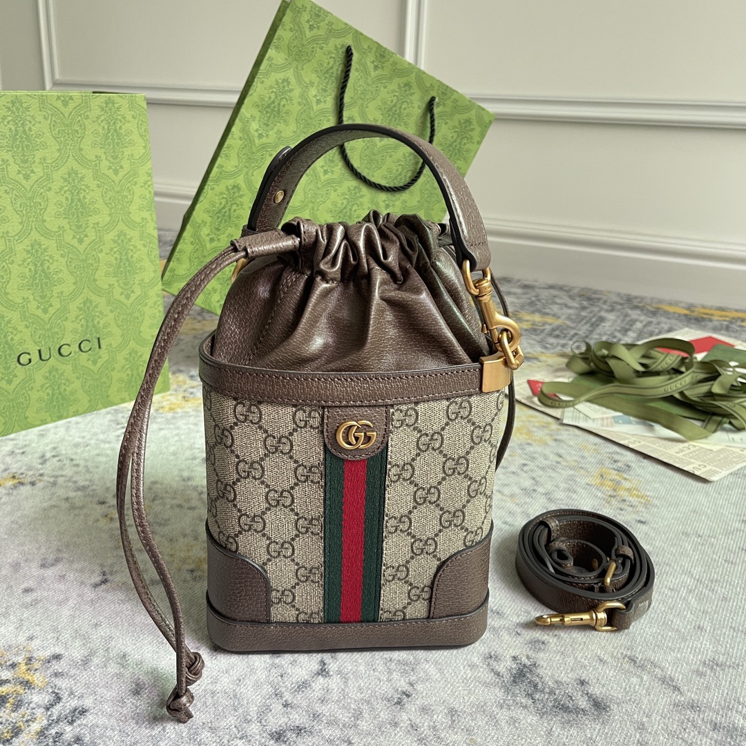 TOP GUCCI Triangle Mini Bucket Bag 18x16x6cm - Brown&GHW