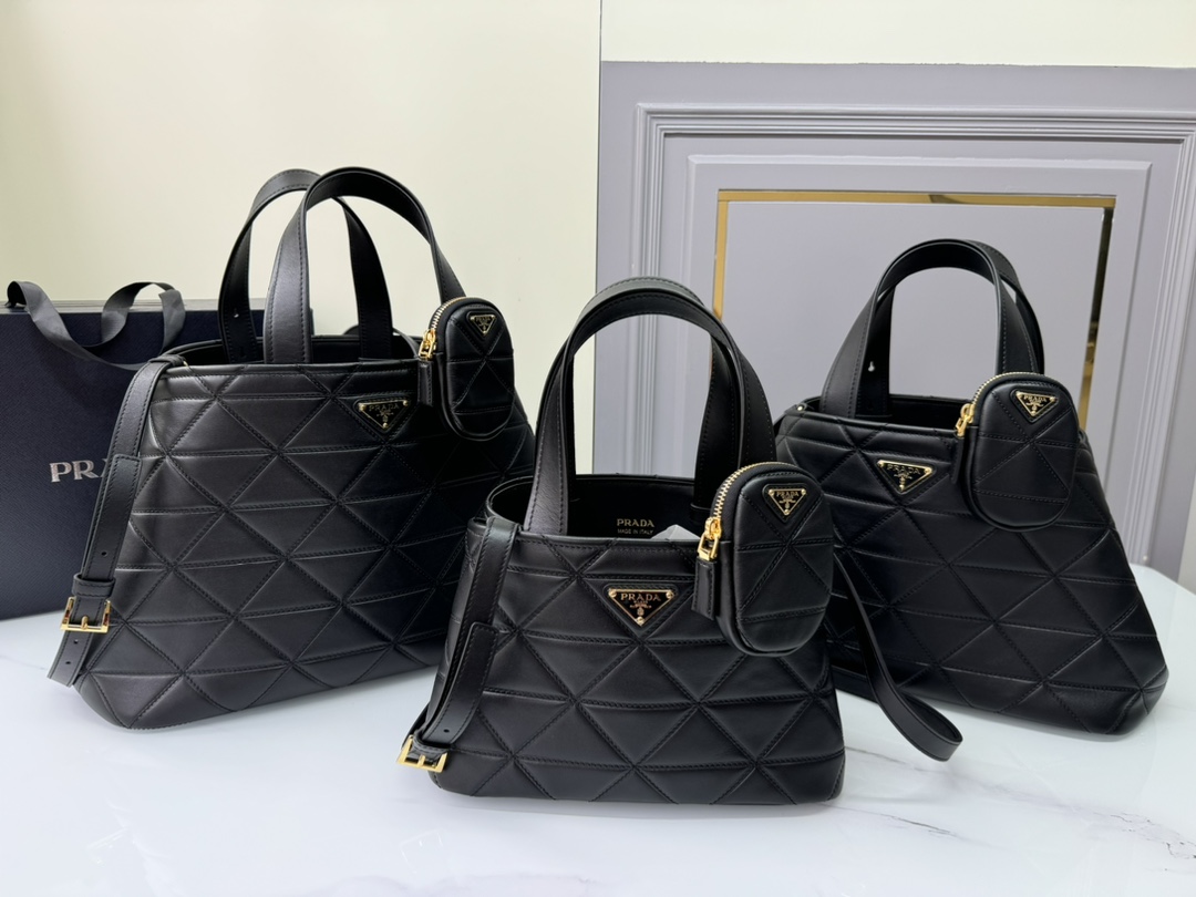 TOP PRADA Diamond-Shaped Cowhide Bag 26x17x13.5cm/35x22x15cm/38x25x17.5cm - Black