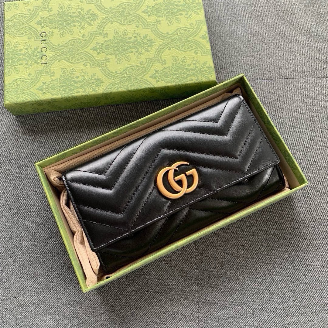 TOP GUCCI Marmont Series Flip Wallet - Black&GHW
