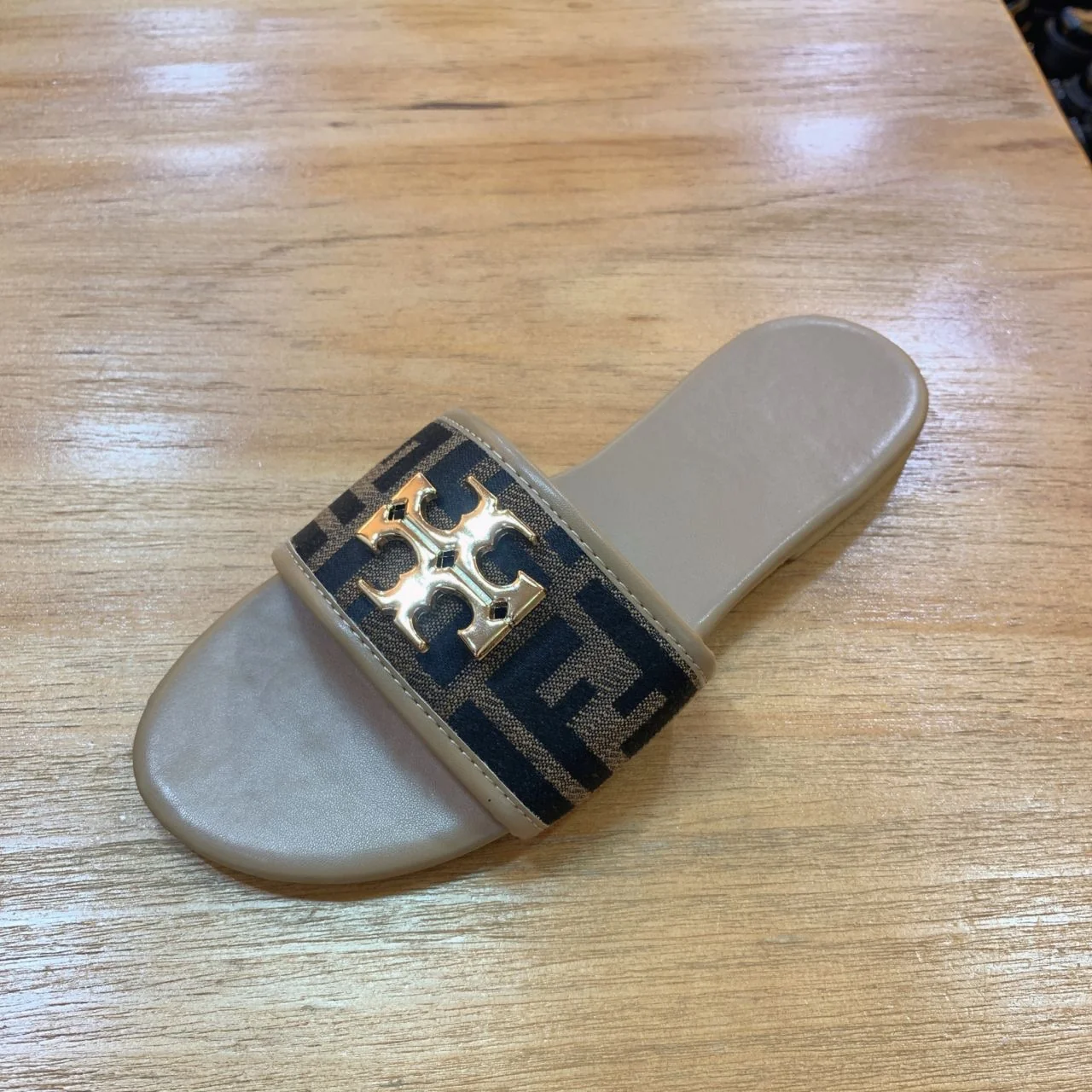 AAASandals Women Flat Slide Sandals, Geometric Printed Fabric Strap Open Toe Slippers, Gold Metal Embellishment Slip On Summer Slides