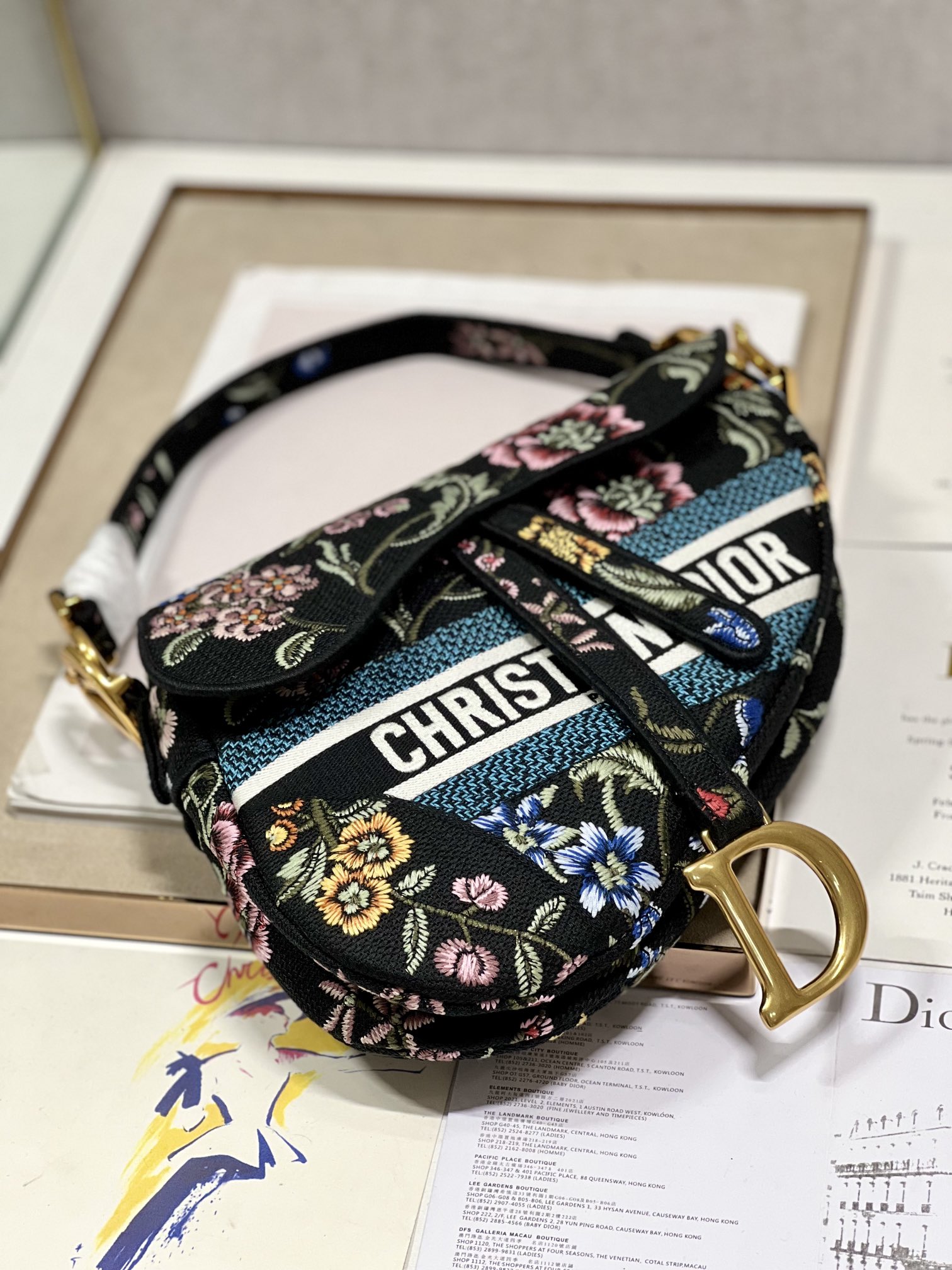 TOP Christian Dior Saddle Bag 25 cm - Flowers Black