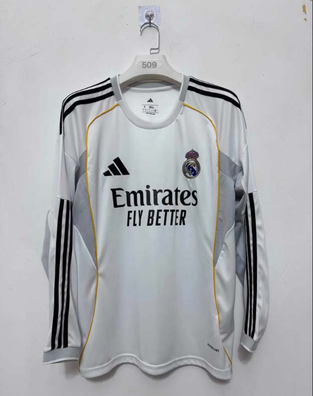 2025/2026 Long Sleeve Real Madrid Home Football Shirt1:1 Thai Quality