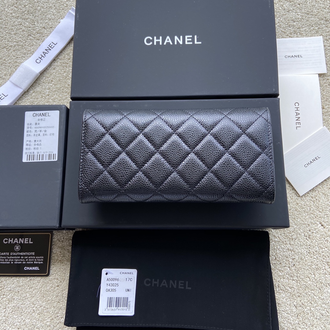 TOP CHANEL Long Folding Calfskin Wallet 19×10.5×3cm - Black & GHW/SHW