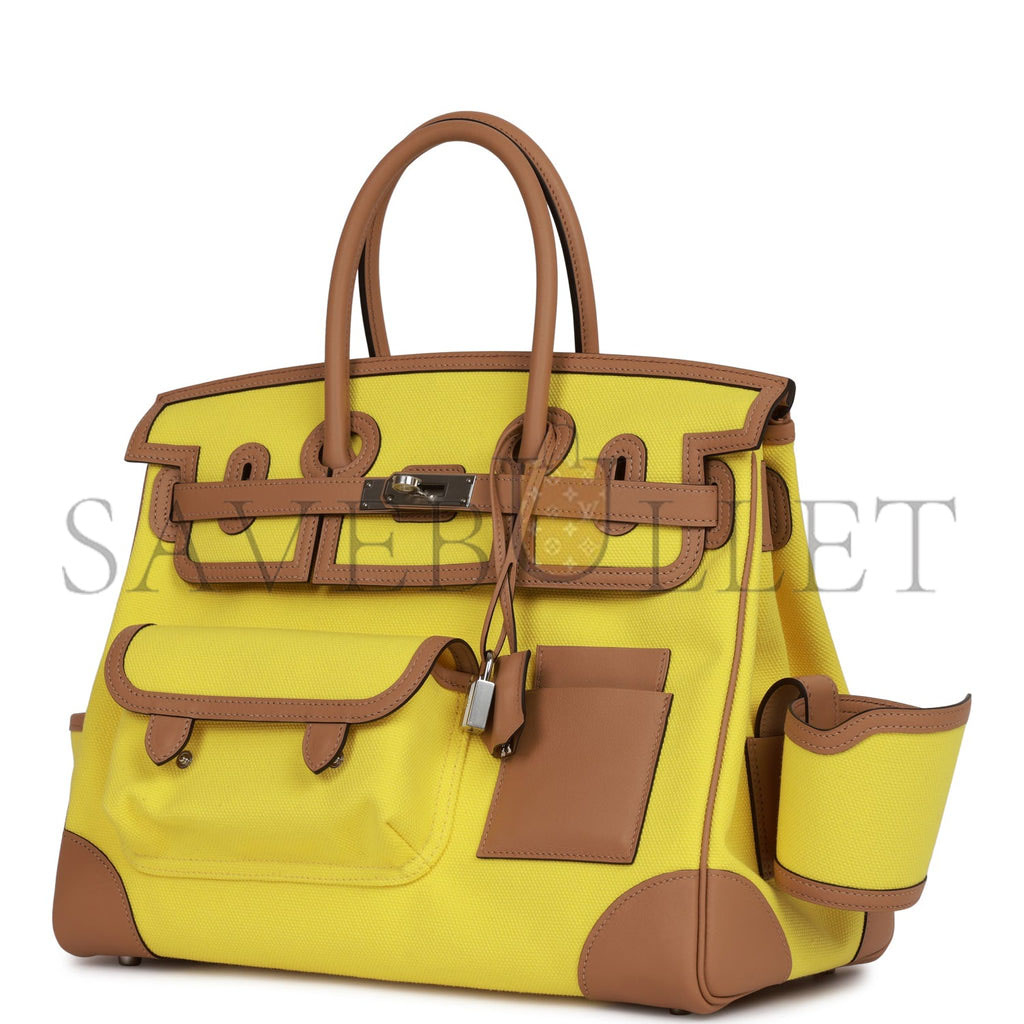 HERMES MASTER BIRKINBIRKIN 35 CARGO JAUNE CITRON TOILE AND CHAI SWIFT PALLADIUM HARDWARE (35*28*18cm)