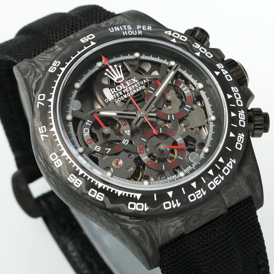 ROLEX Daytona Oyster Perpetual Cosmograph Skeleton Watch, Forged Carbon Case, Black Nylon Leather Strap, Mechanical Chronograph Men's Wrist Watch