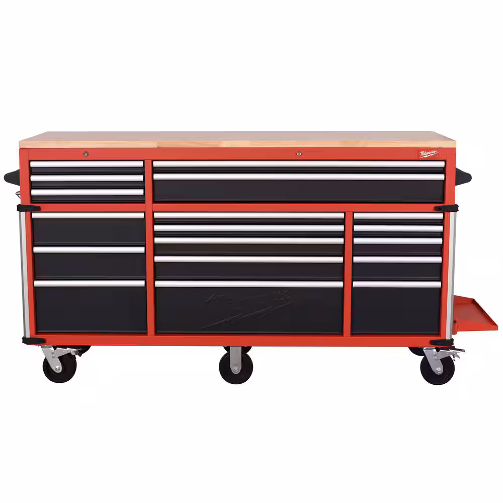 High Capacity 72 in. W 18-Drawer Mobile Workbench with Solid Wood Top