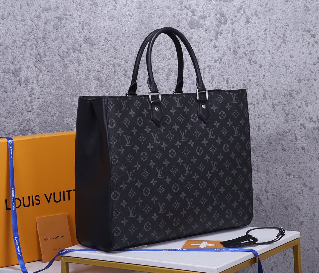 TOP Louis Vuitton LV Sac Plat Monogram Eclipse Tote Bag 34x42x14cm-Black