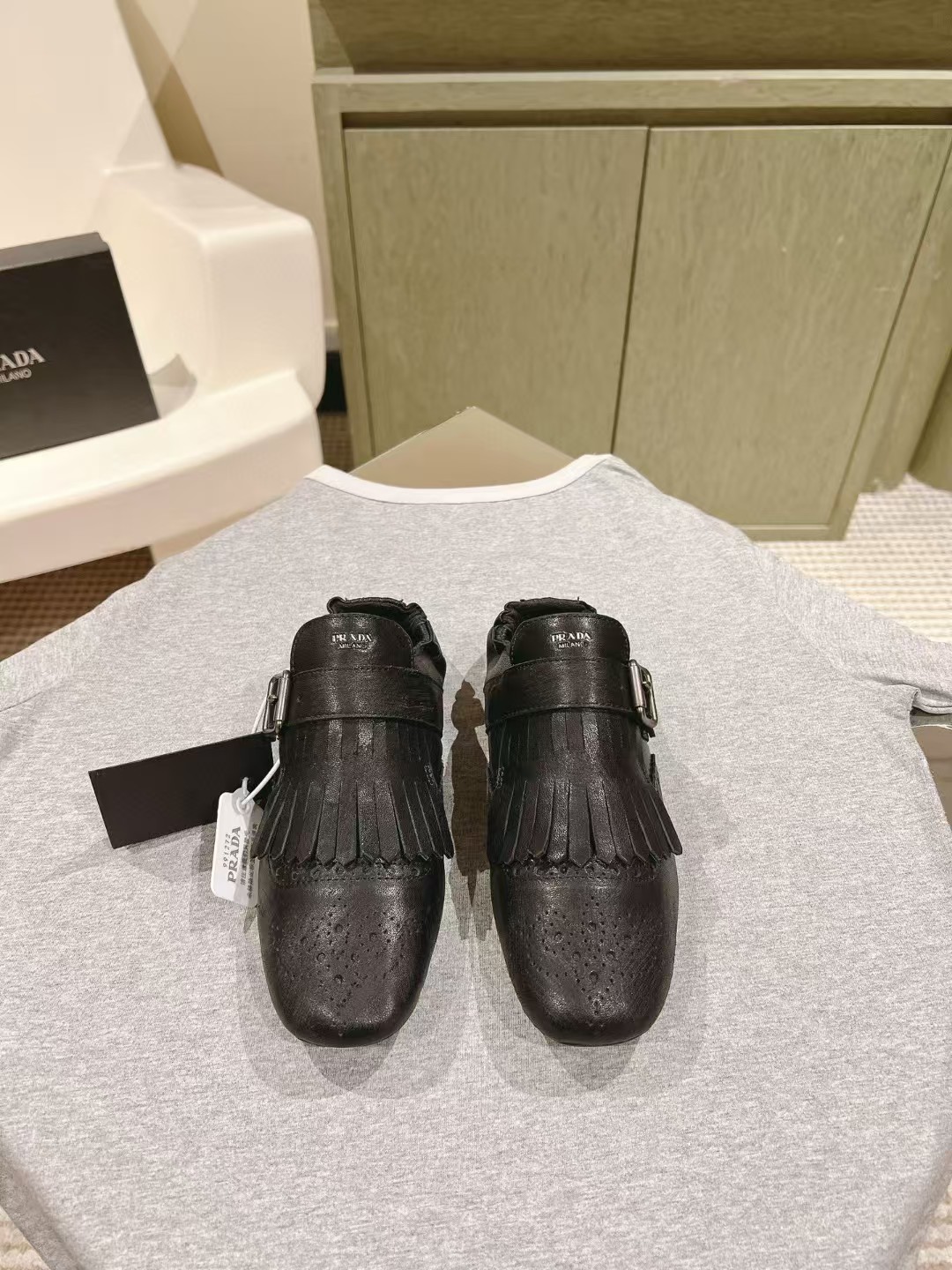 TOP PRADA Calf Leather Fringed Monk-Strap Shoes - Black