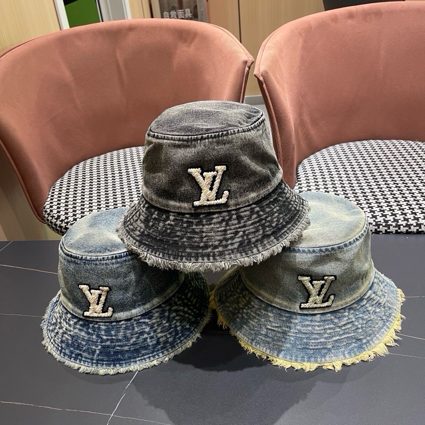 Louis Vuitton Washed Denim Bucket Hat, Frayed Raw Edge Brim With Towel Embroidery LV Logo, Unisex Sun Hat