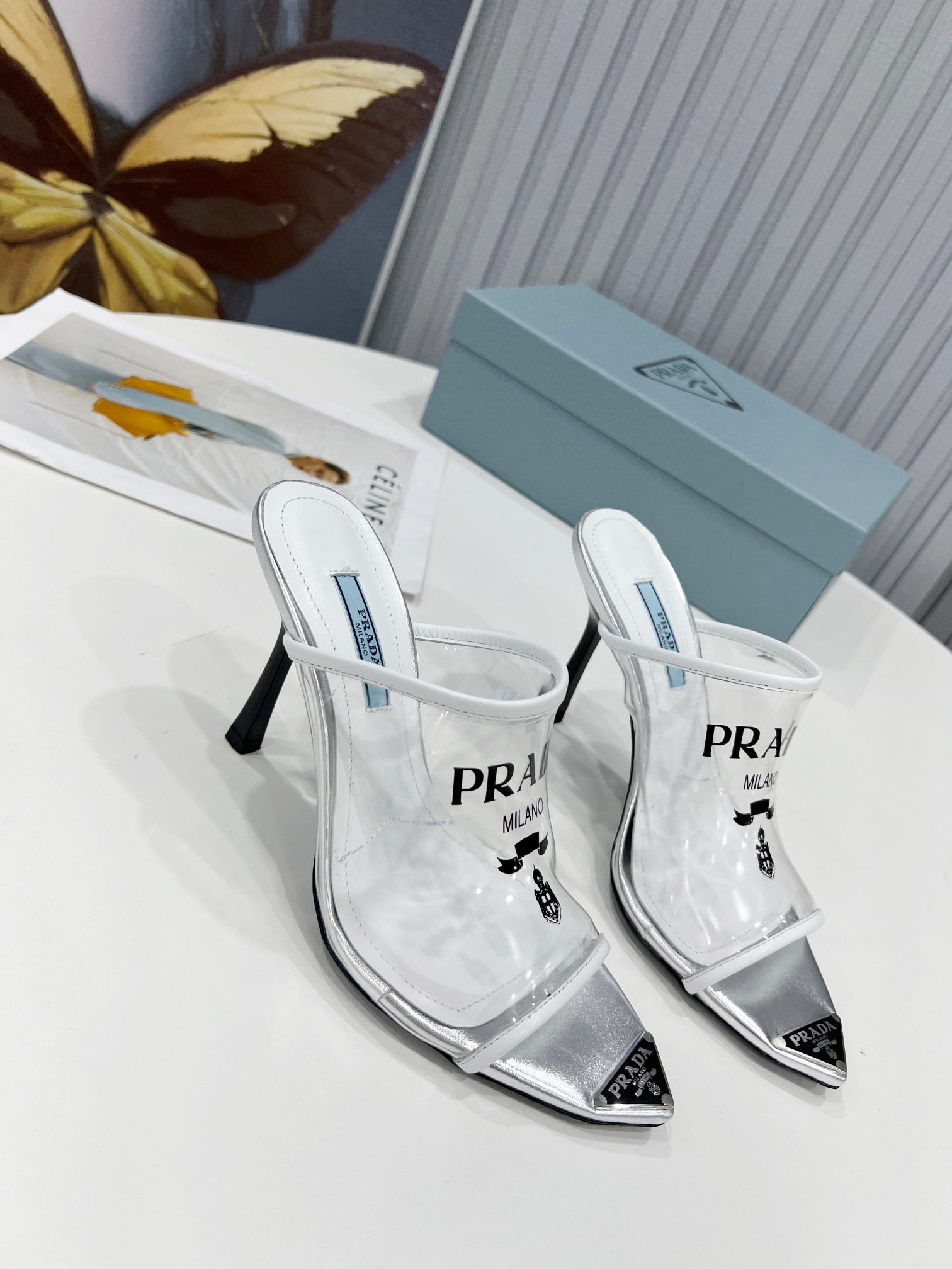TOP PRADA Logo-print Plexiglas High-heel Slides - White