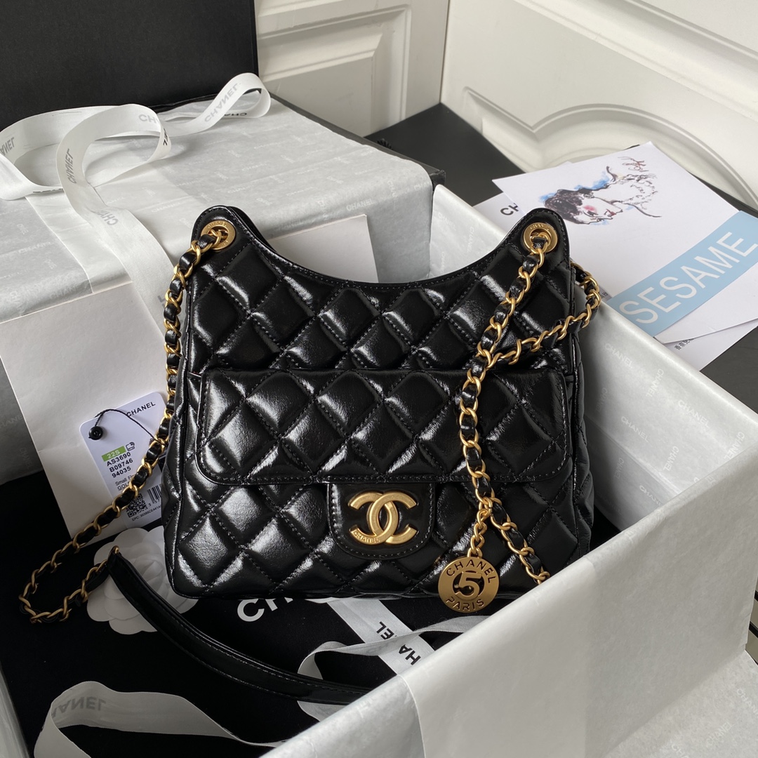 TOP CHANEL Wax Skin Hobo Bag 17×19×6cm/21.5×22.5×7cm - GHW - Black