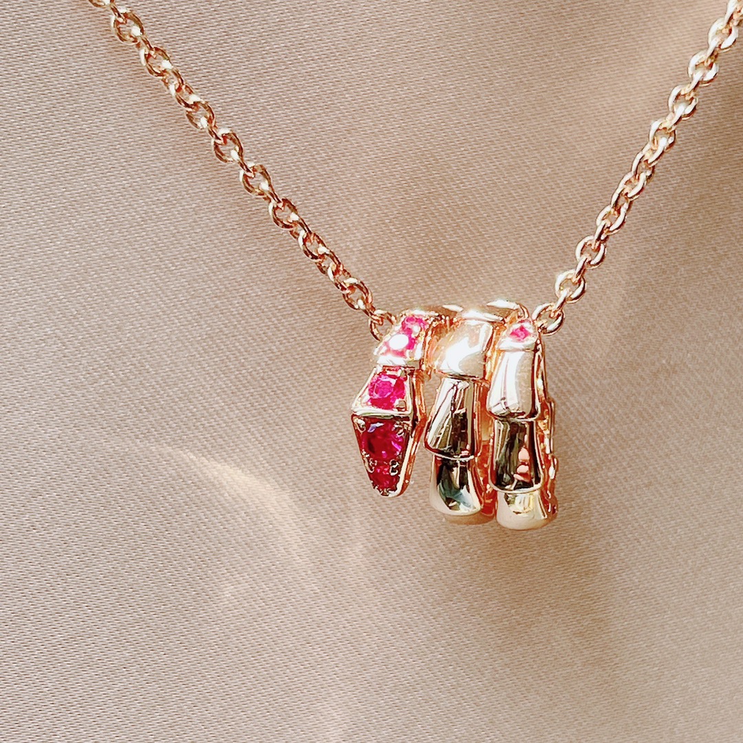 TOP BVLGARI Diamond Snake Bone Necklace - Rose Gold with Rose Pink