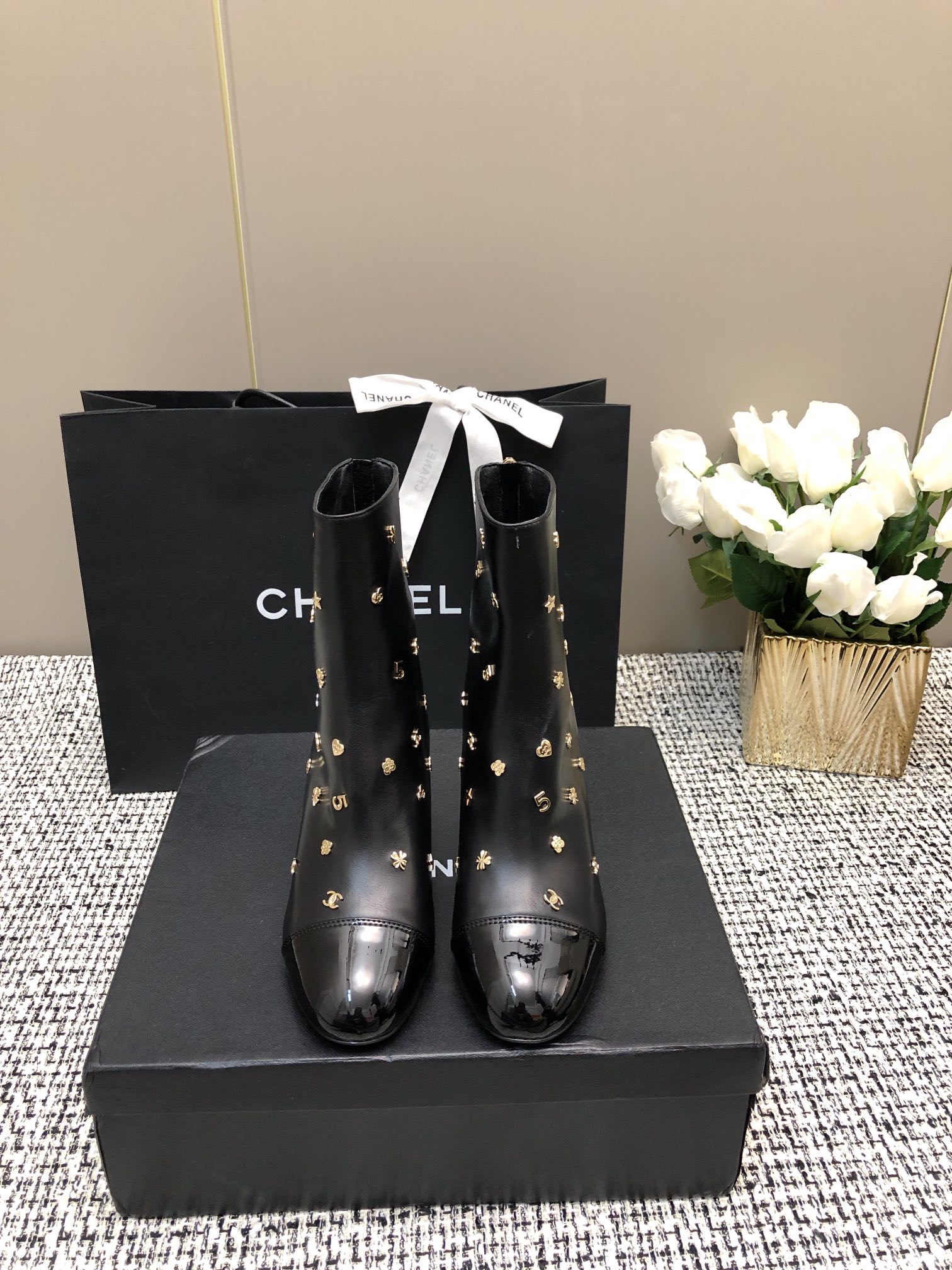 TOP CHANEL Sheepskin Short Boots - Black