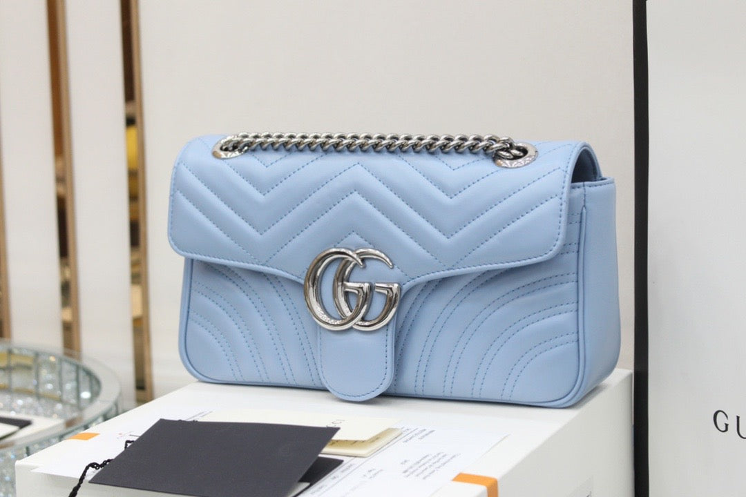 TOP GUCCI G*G Marmont Matelasse Bag Small 26cm - Light Blue w SHW