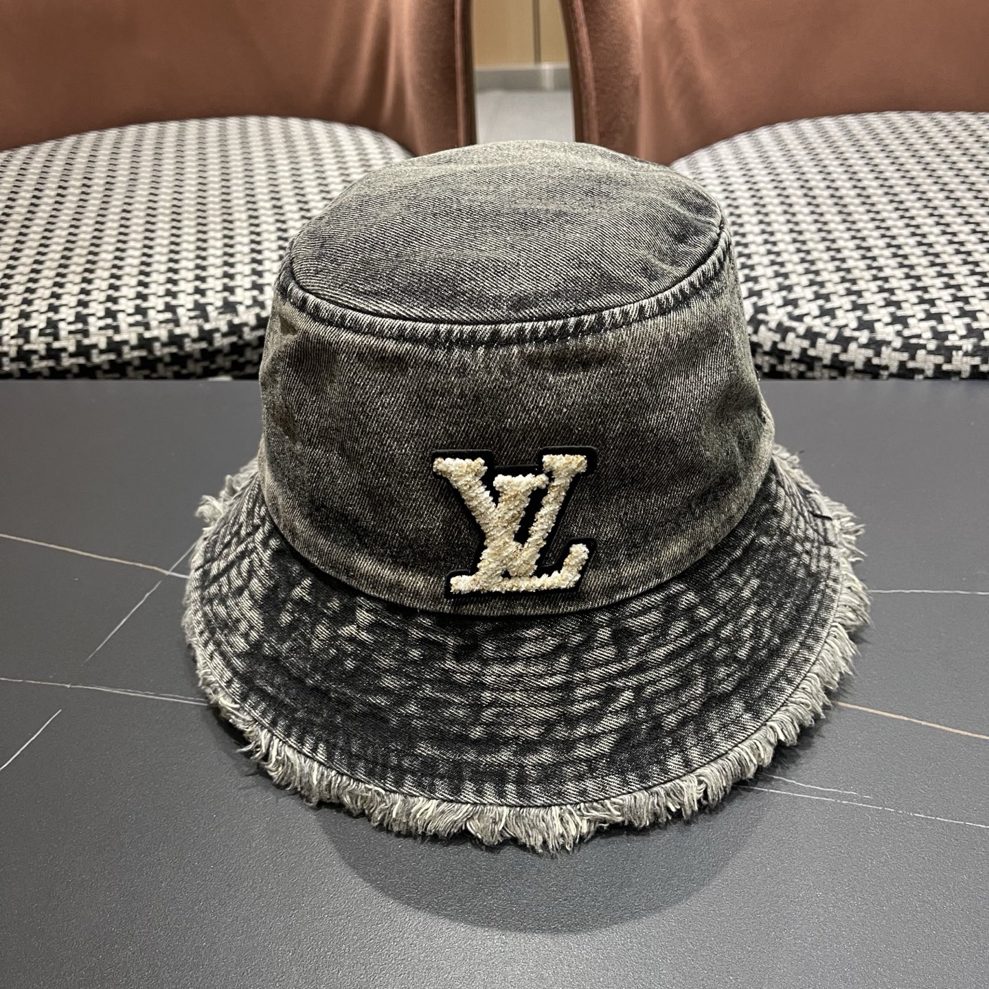 Louis Vuitton Washed Denim Bucket Hat, Frayed Raw Edge Brim With Towel Embroidery LV Logo, Unisex Sun Hat