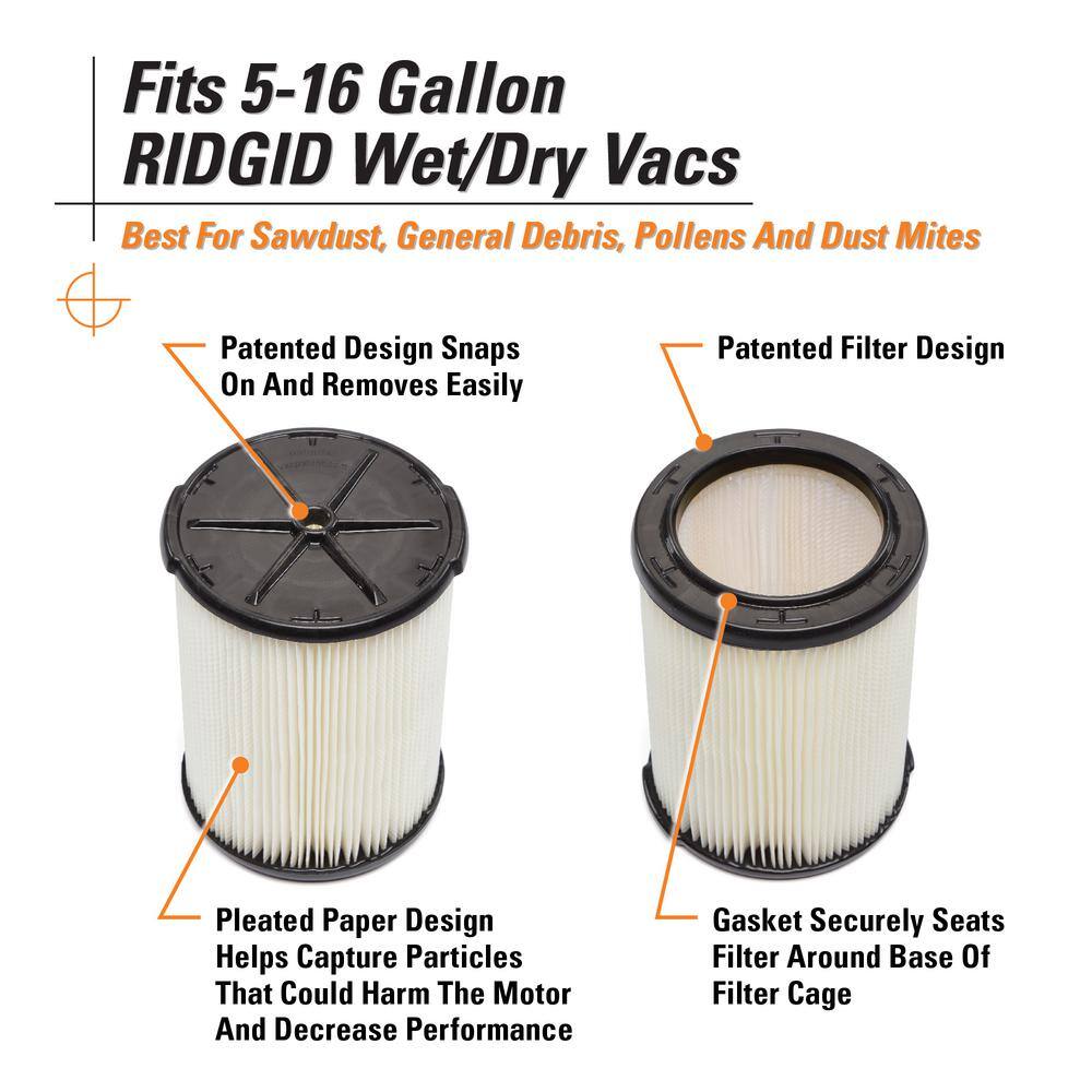 General Debris Pleated Paper Wet Dry Vacuum Shop Vac Filter Replacement for Most 5-16 Gallon RIDGID Shop Vacs (4-Pack)
