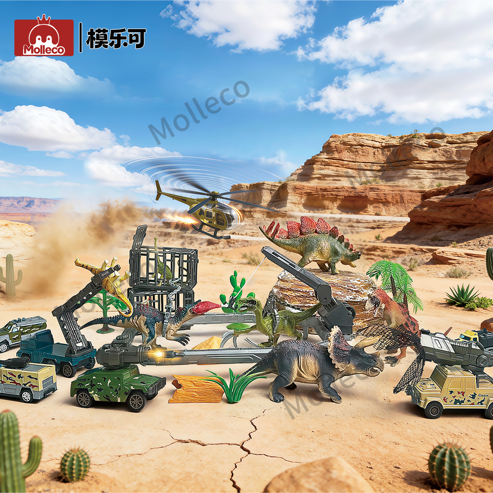 Molleco Dinosaur Figure Toys Set for Kids and Childre ST085 11 Dinosaurs + 6 Cars + Helicopter + Dinosaur Colosseum + Props