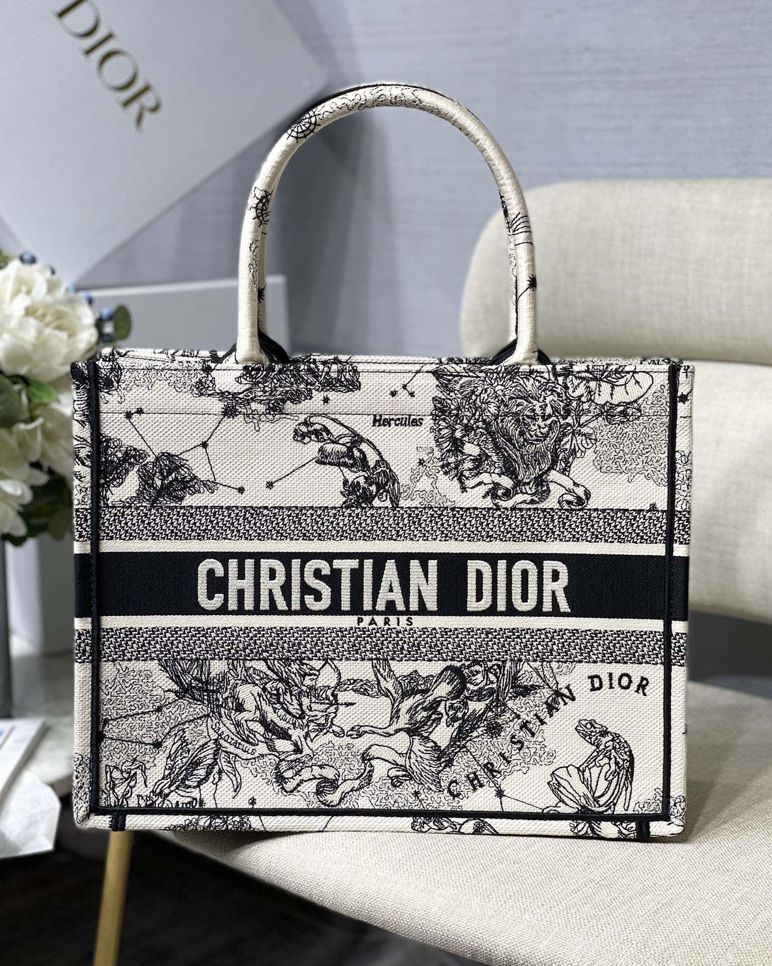 TOP Christian Dior Black And White Constellation Embroidery Book Tote Bags - 36cm