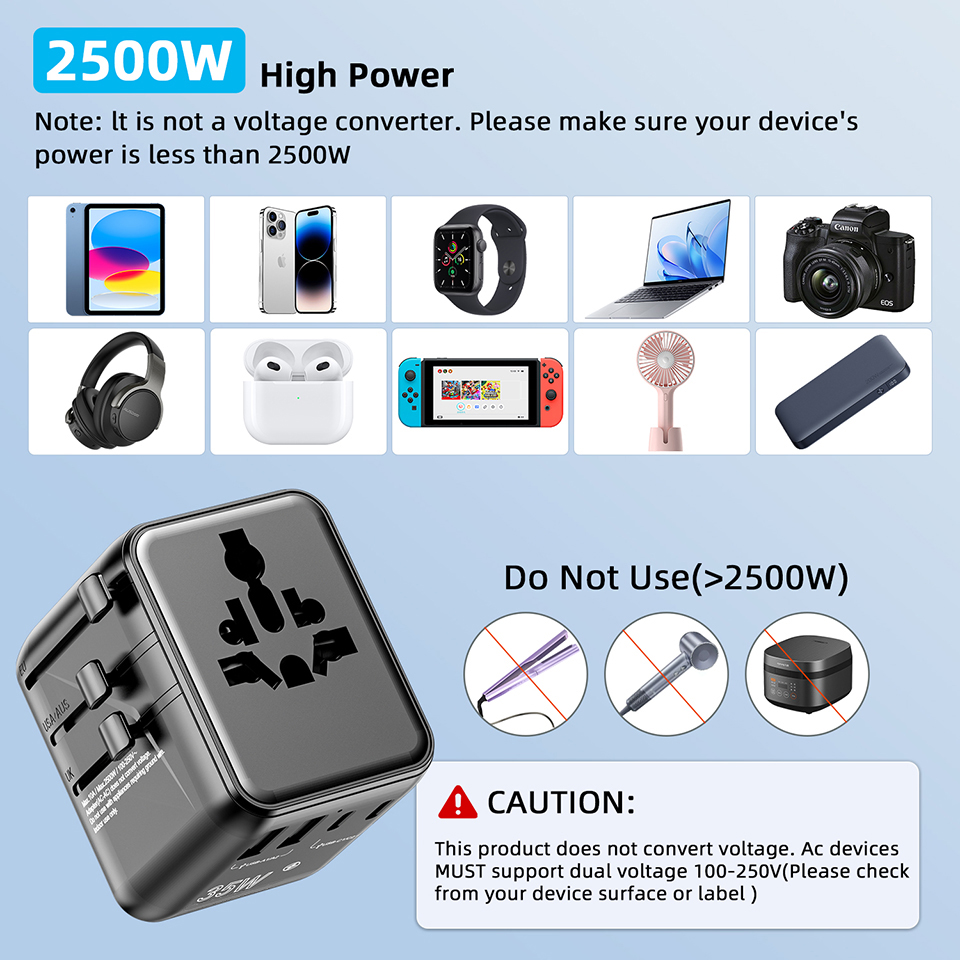 2AC 2500W PD 35W Fast Charger Multi Plug Socket Universal Travel Power Adapter with 2A3C Gan Travel Adapter