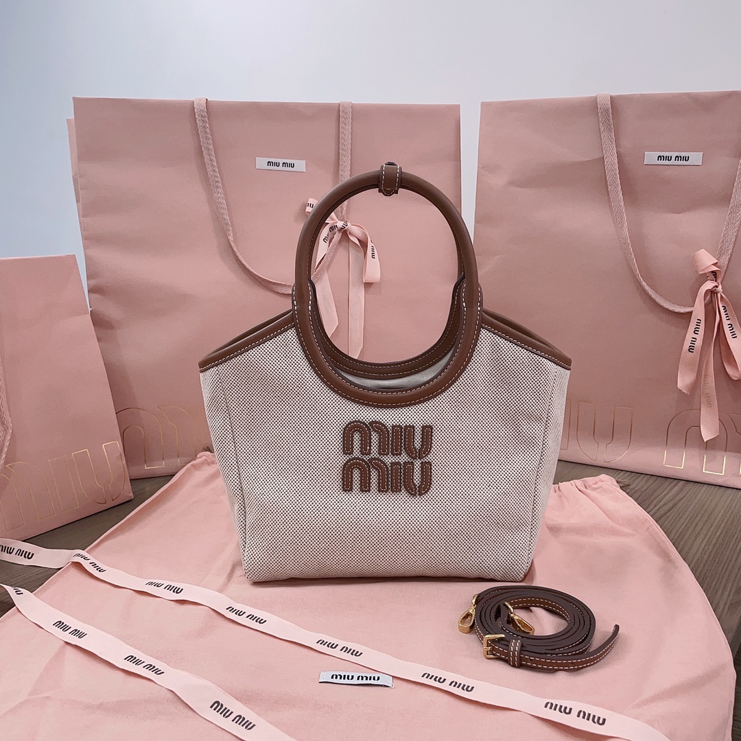 TOP Miu Miu Isedan Tote Bag Canvas with Calfskin 22x14x11cm/28x26x12.5cm/38x38x18cm - Beige