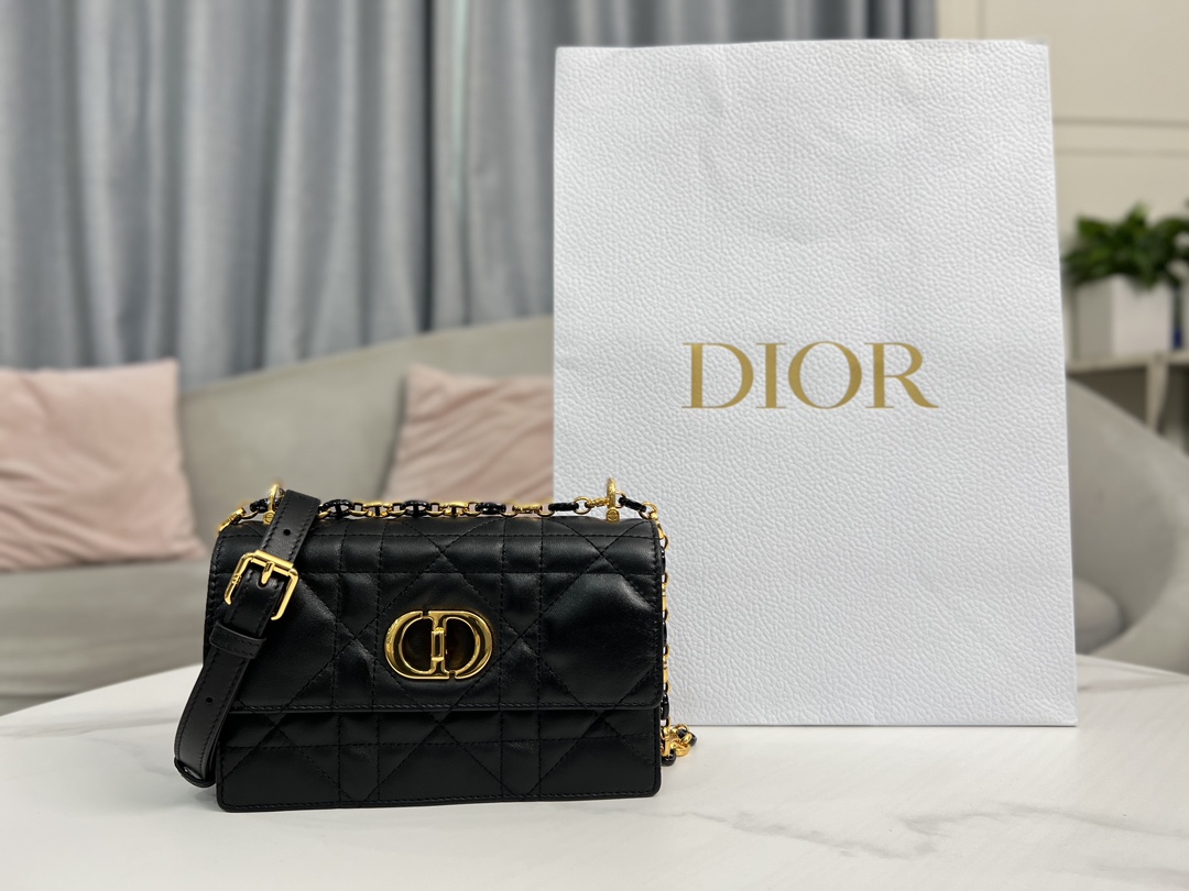 TOP Christian Dior Sheep Leather Mini Caro Bag - 19x13x5.5cm - Black&Gold