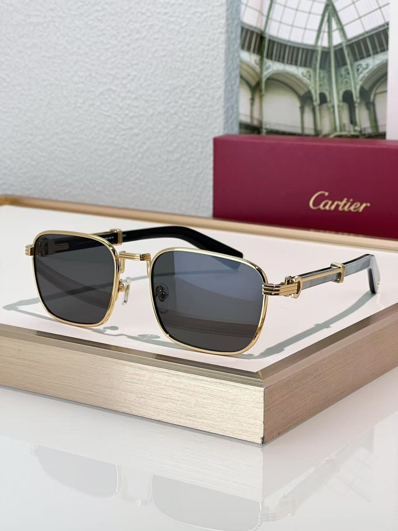 Cartier Luxury Retro Square Sunglasses, Metal Hinge Frame, Multi-Material Replaceable Temples Premium Unisex Shades