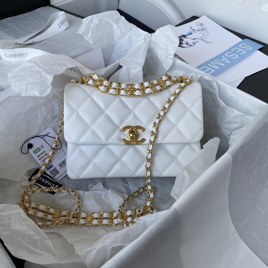 TOP CHANEL Litchi Calfskin Mini Flab Bags 20cm - Black/White - GHW