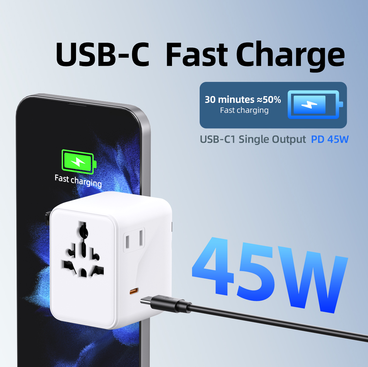 Compact Size Charger 45w International Plug Adapter Travel Charger Adapter Multi Plug Worldwide Socket with 45w USB C Charger for Travel