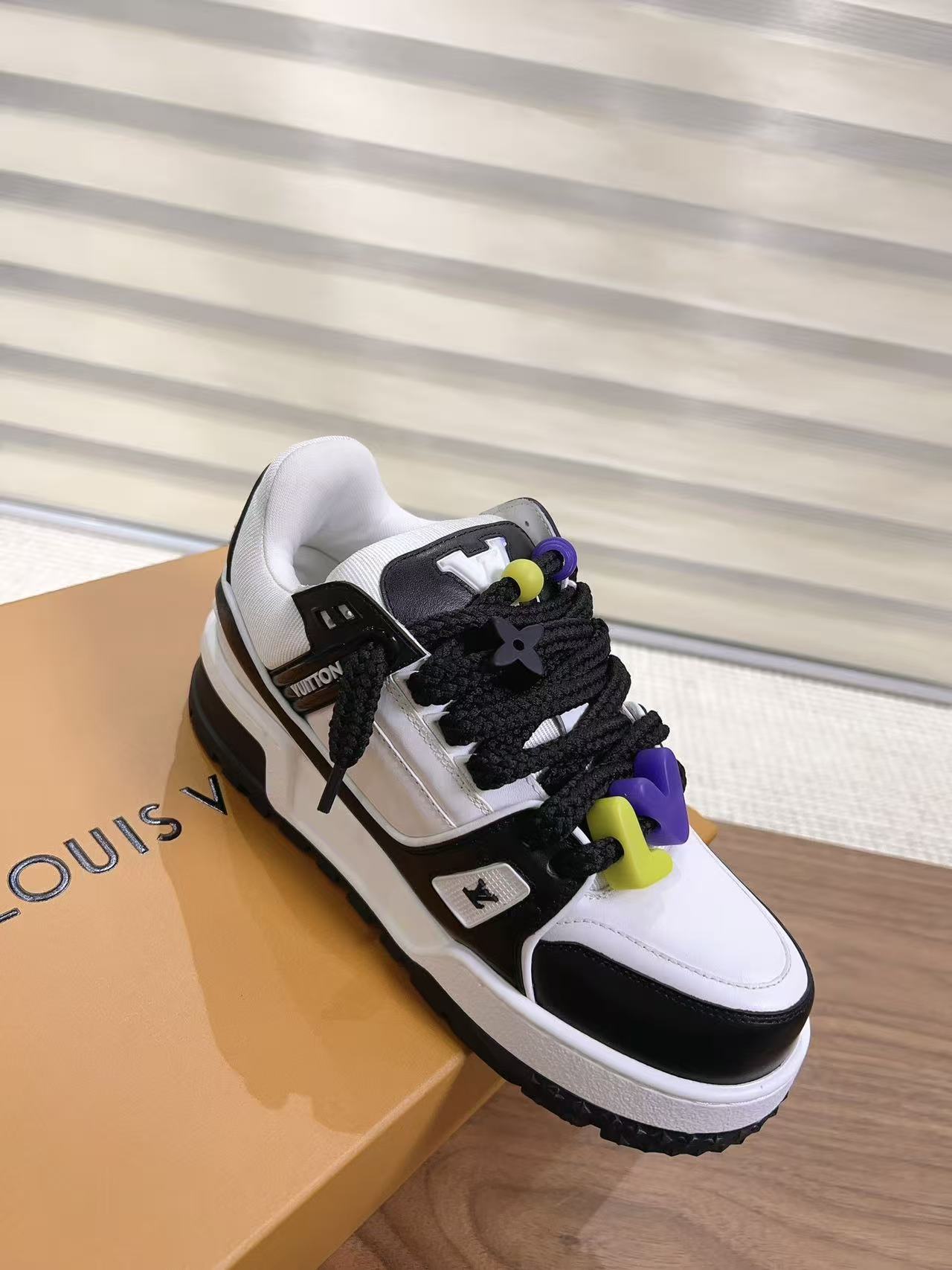 LOUIS VUITTON Black White Color Block Platform Sneakers, Unisex Chunky Skate Shoes with Colorful Lace Charms